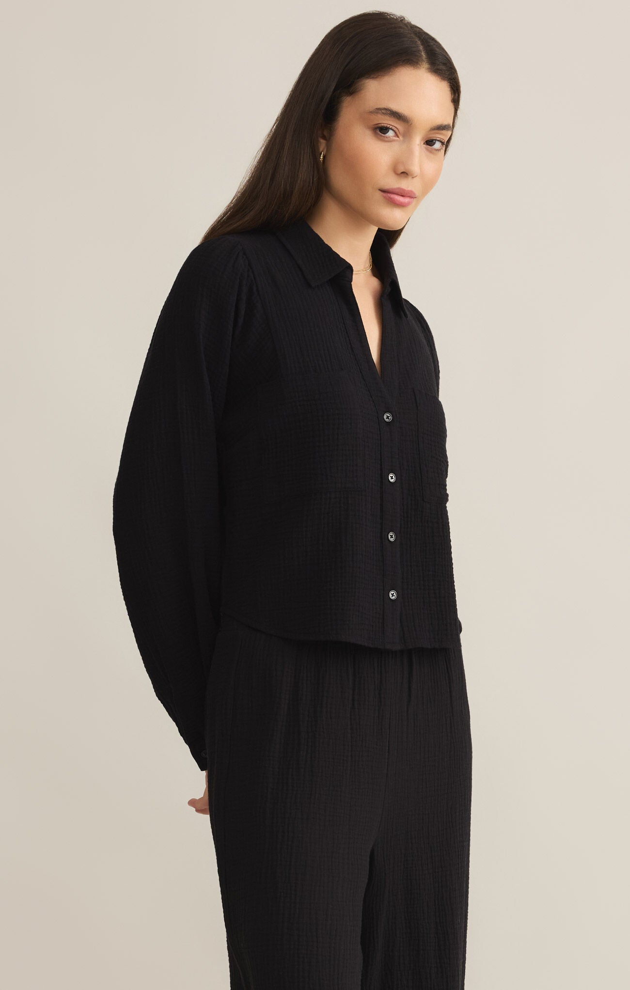Campo Button Up Gauze Top-Long Sleeves-Vixen Collection, Day Spa and Women's Boutique Located in Seattle, Washington