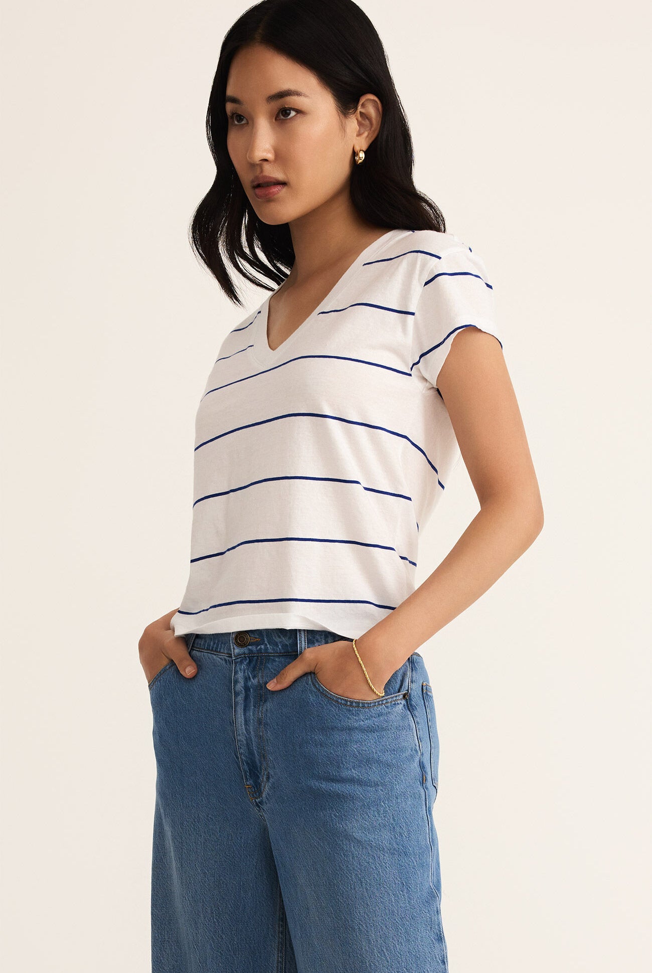 Striped Modern V-Neck Tee-Short Sleeves-Vixen Collection, Day Spa and Women's Boutique Located in Seattle, Washington