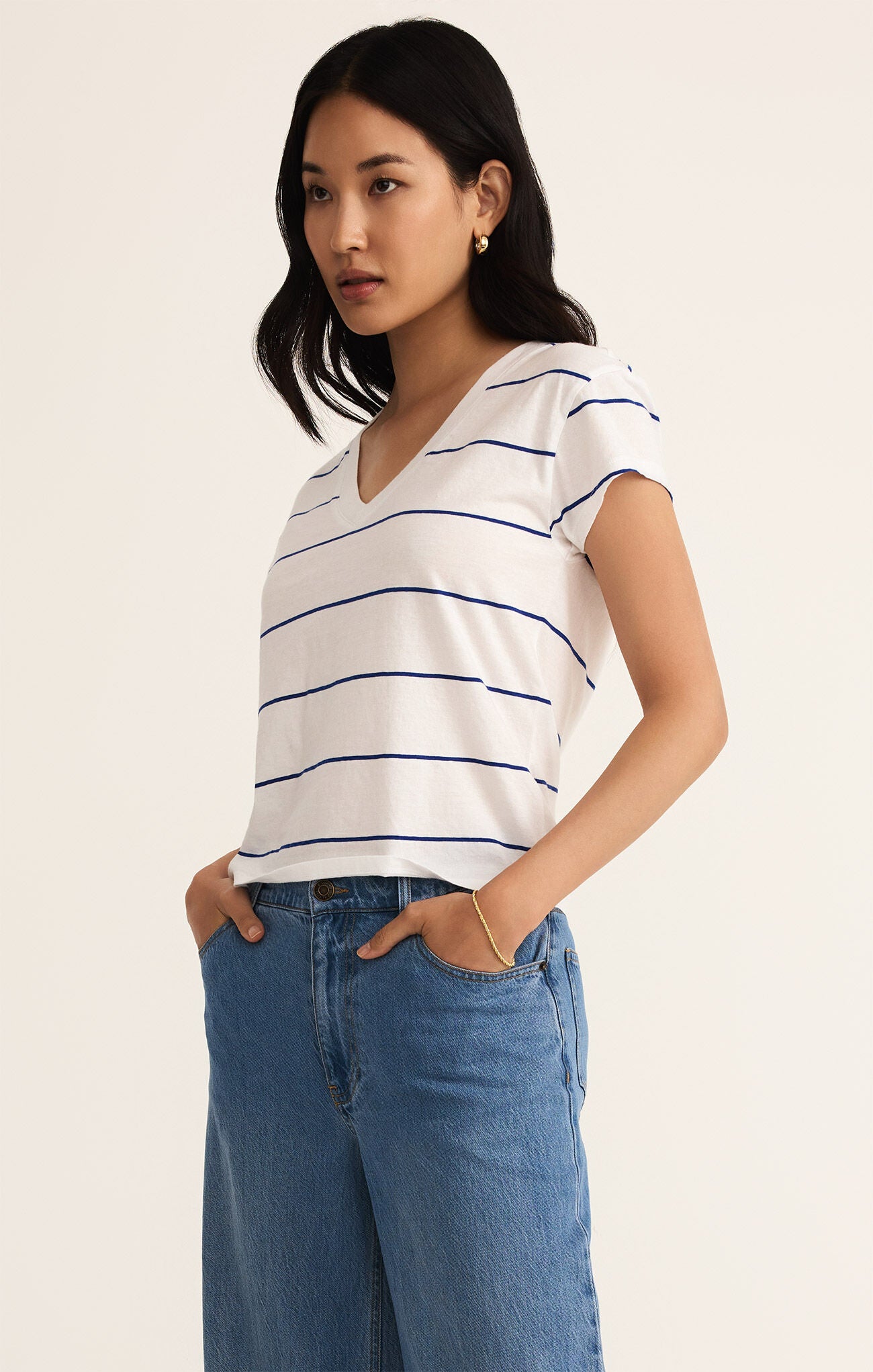 Striped Modern V-Neck Tee-Short Sleeves-Vixen Collection, Day Spa and Women's Boutique Located in Seattle, Washington