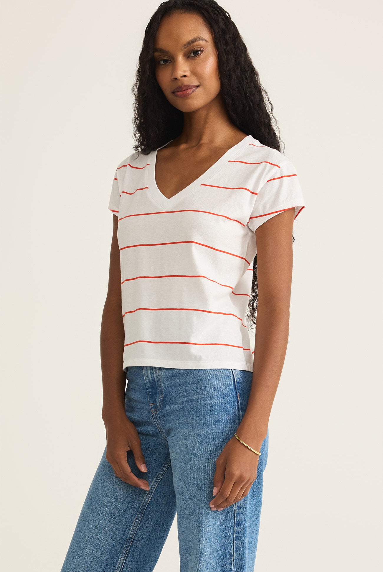 Striped Modern V-Neck Tee-Short Sleeves-Vixen Collection, Day Spa and Women's Boutique Located in Seattle, Washington
