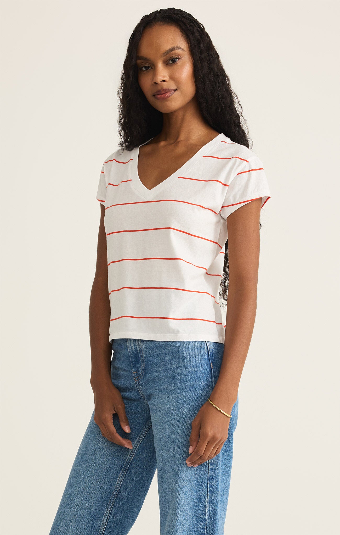 Striped Modern V-Neck Tee-Short Sleeves-Vixen Collection, Day Spa and Women's Boutique Located in Seattle, Washington