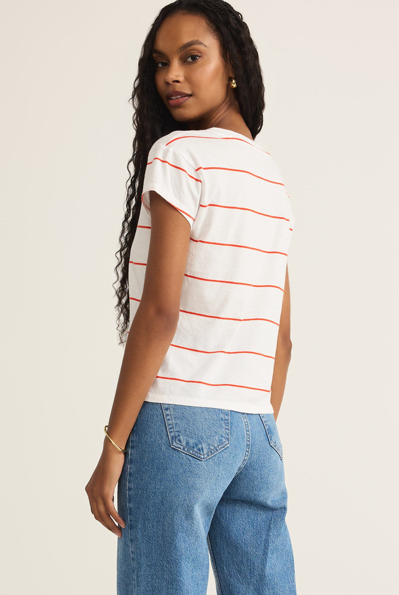 Striped Modern V-Neck Tee-Short Sleeves-Vixen Collection, Day Spa and Women's Boutique Located in Seattle, Washington