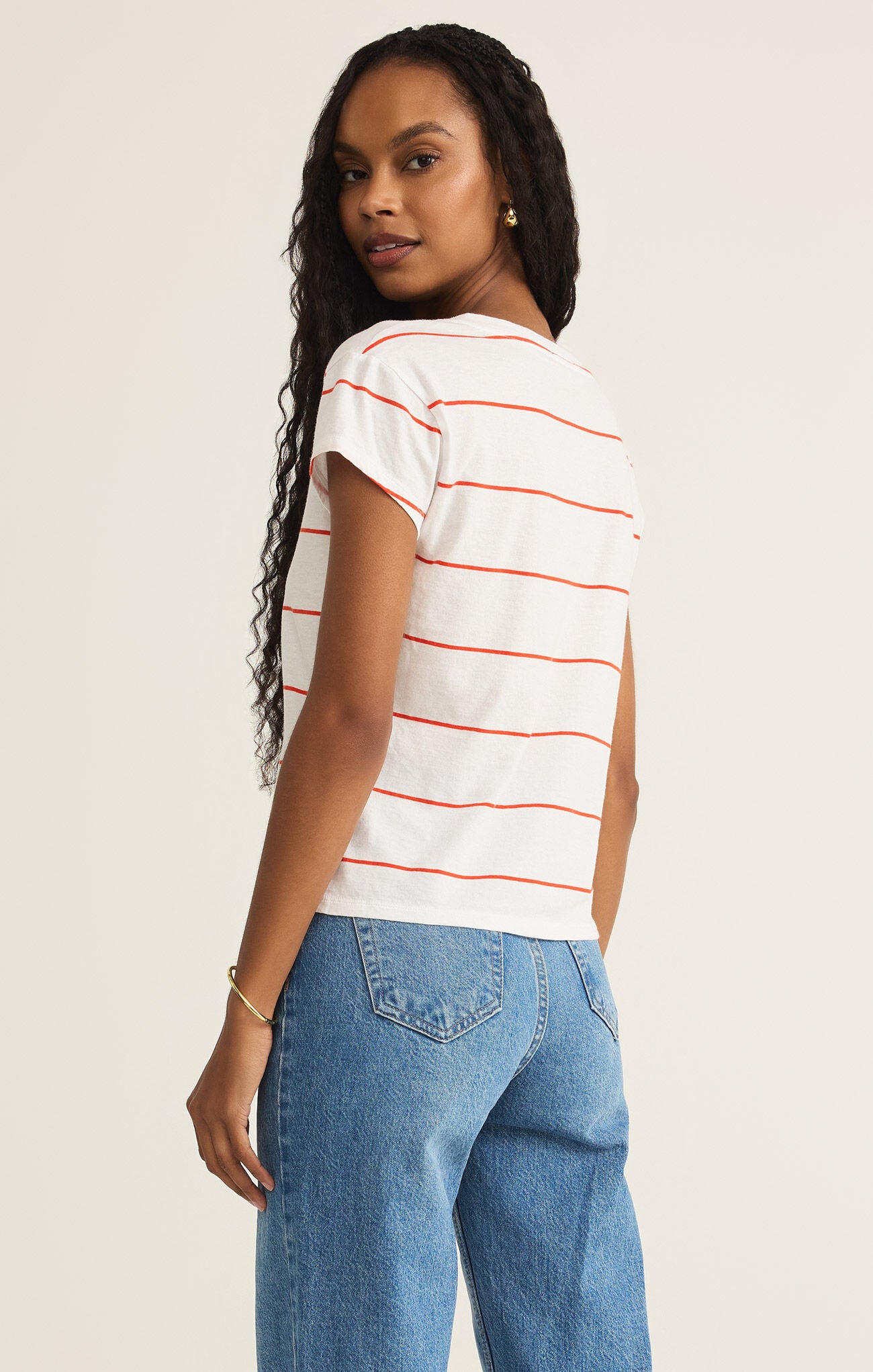 Striped Modern V-Neck Tee-Short Sleeves-Vixen Collection, Day Spa and Women's Boutique Located in Seattle, Washington