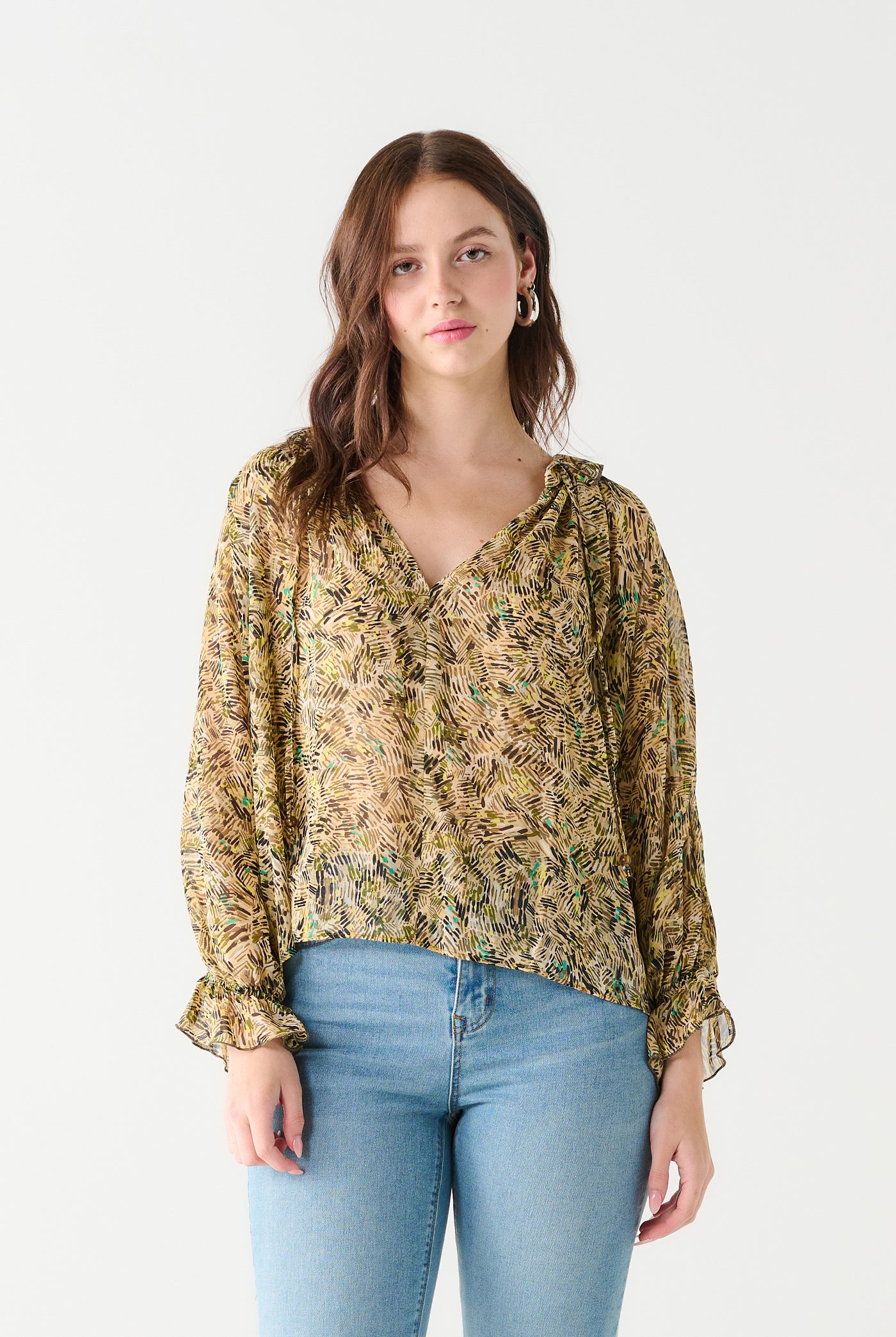 Meadow Ruffled Printed Blouse-Long Sleeves-Vixen Collection, Day Spa and Women's Boutique Located in Seattle, Washington