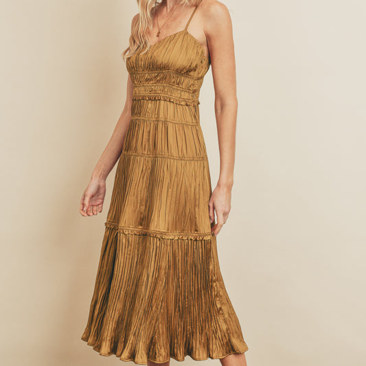 After Dark Pleated Tiered Midi Dress, Golden Ochre-Dresses-Vixen Collection, Day Spa and Women's Boutique Located in Seattle, Washington