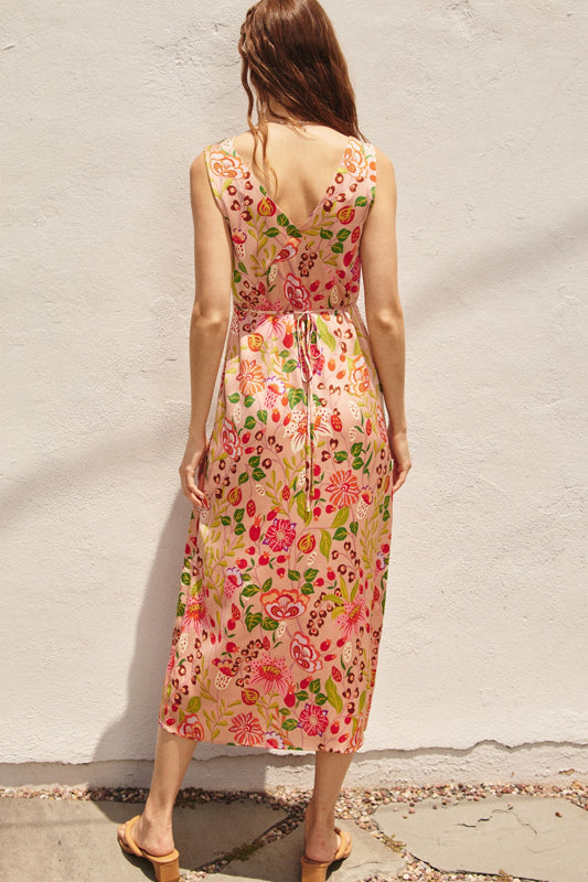 Apricot Floral Satin Midi Dress-Dresses-Vixen Collection, Day Spa and Women's Boutique Located in Seattle, Washington