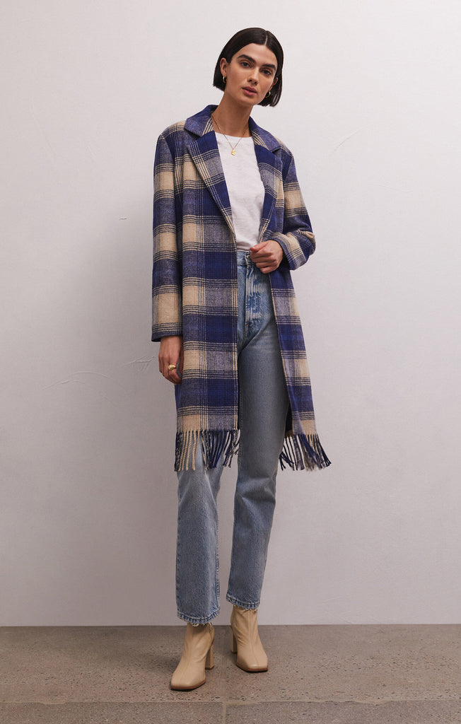 Ynez Fringed Plaid Coat, Cadet Blue-Outerwear-Vixen Collection, Day Spa and Women's Boutique Located in Seattle, Washington