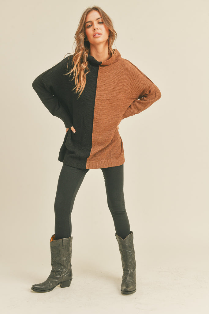 Uptown ColorBlock Sweater, Brown/Black-Sweaters-Vixen Collection, Day Spa and Women's Boutique Located in Seattle, Washington