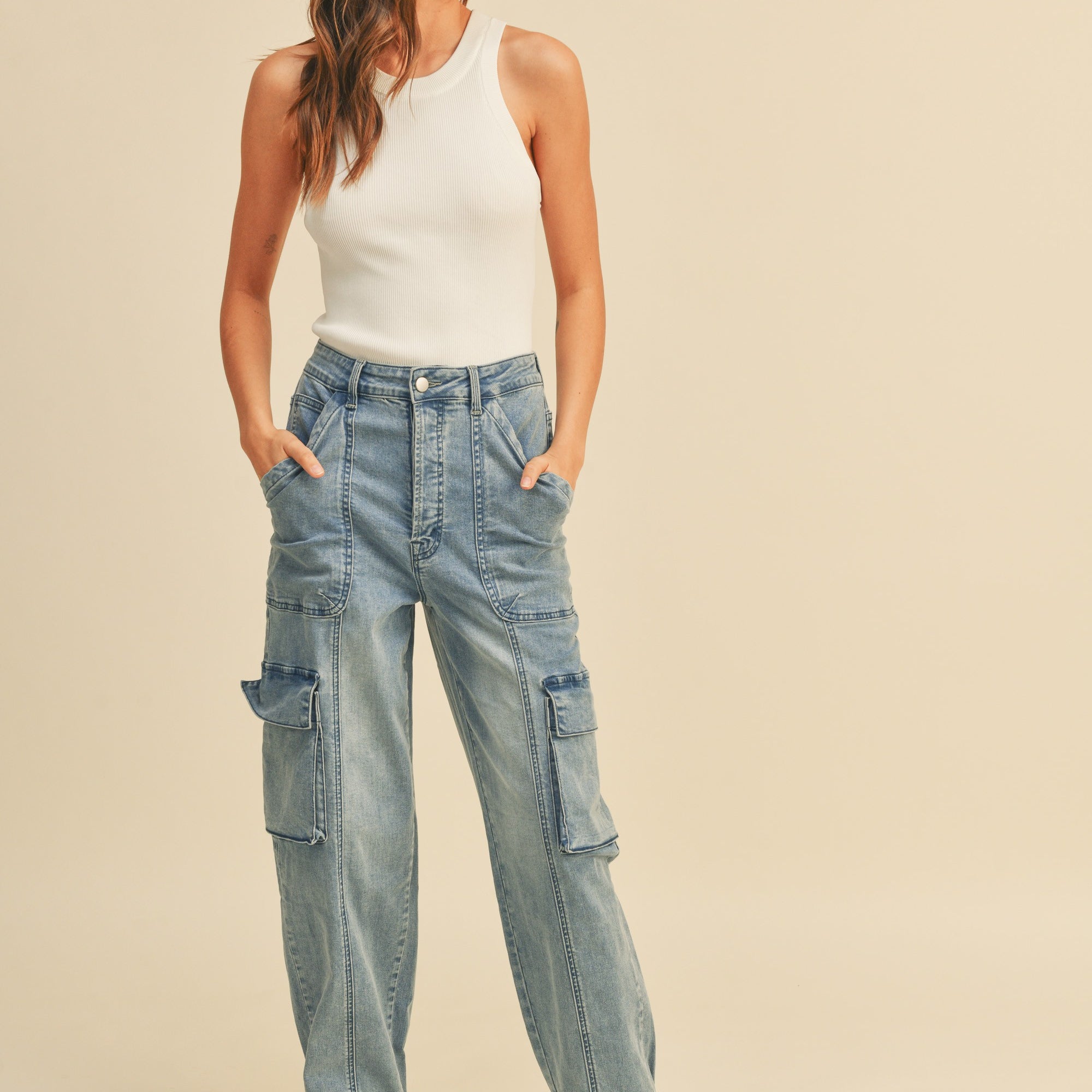 Washed Denim Utility Jogger Pants-Denim-Vixen Collection, Day Spa and Women's Boutique Located in Seattle, Washington