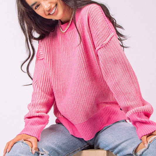 Harmony Two-Tone Knit Sweater , Pink-Sweaters-Vixen Collection, Day Spa and Women's Boutique Located in Seattle, Washington