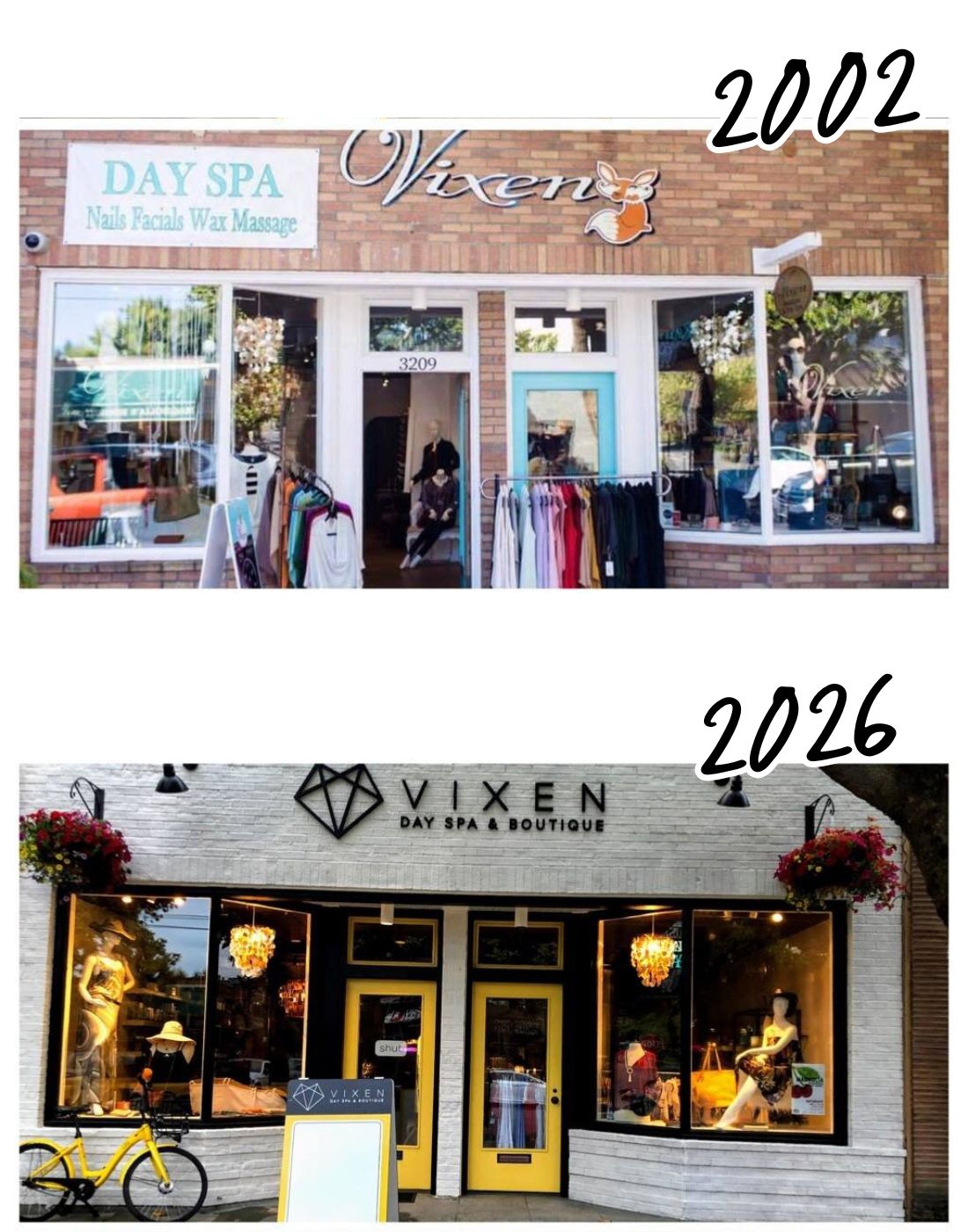Comparison of Vixen Day Spa & Boutique exterior in 2002 and 2026.