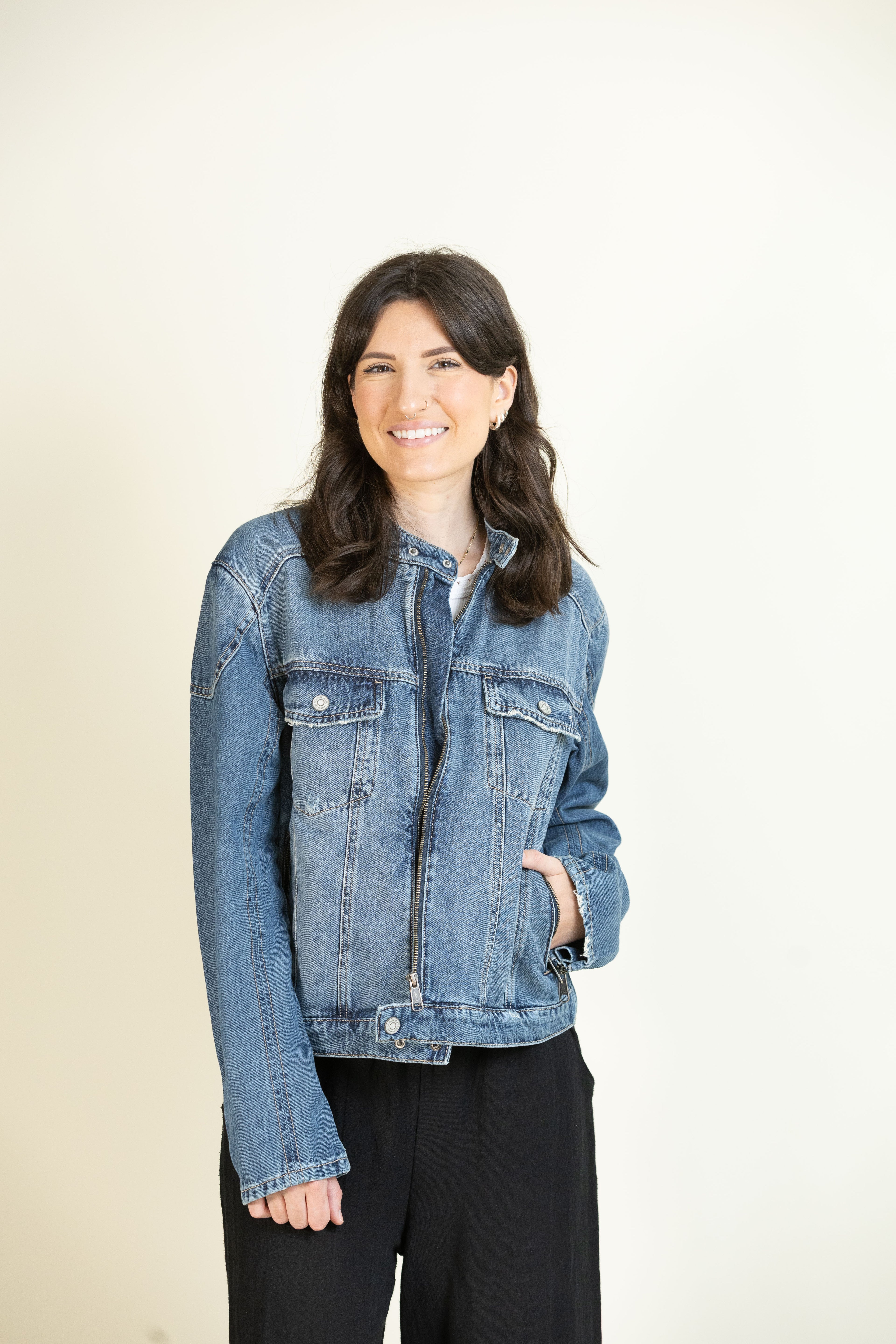 Medium Wash Classic Biker Jacket-Outerwear-Vixen Collection, Day Spa and Women's Boutique Located in Seattle, Washington