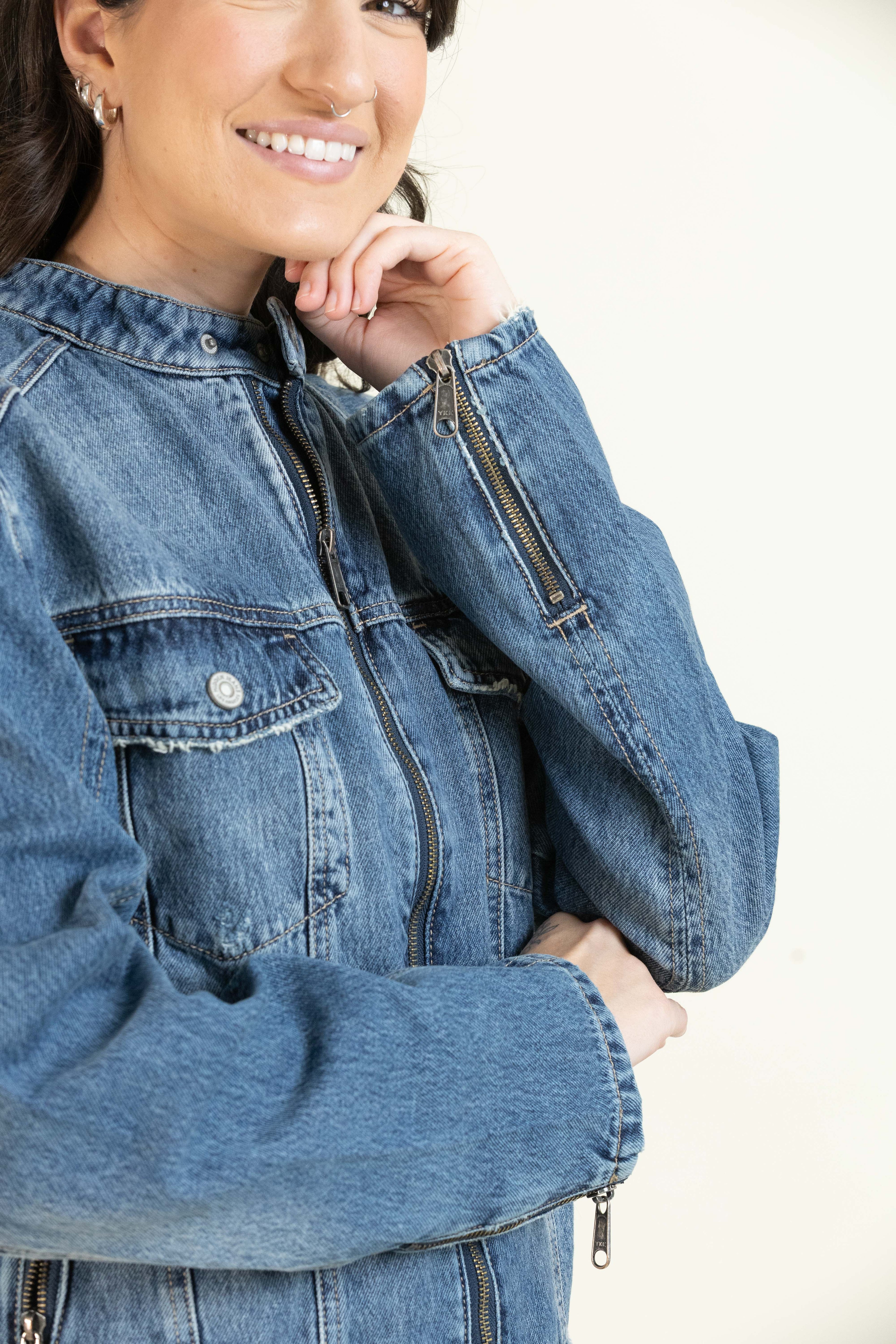 Medium Wash Classic Biker Jacket-Outerwear-Vixen Collection, Day Spa and Women's Boutique Located in Seattle, Washington