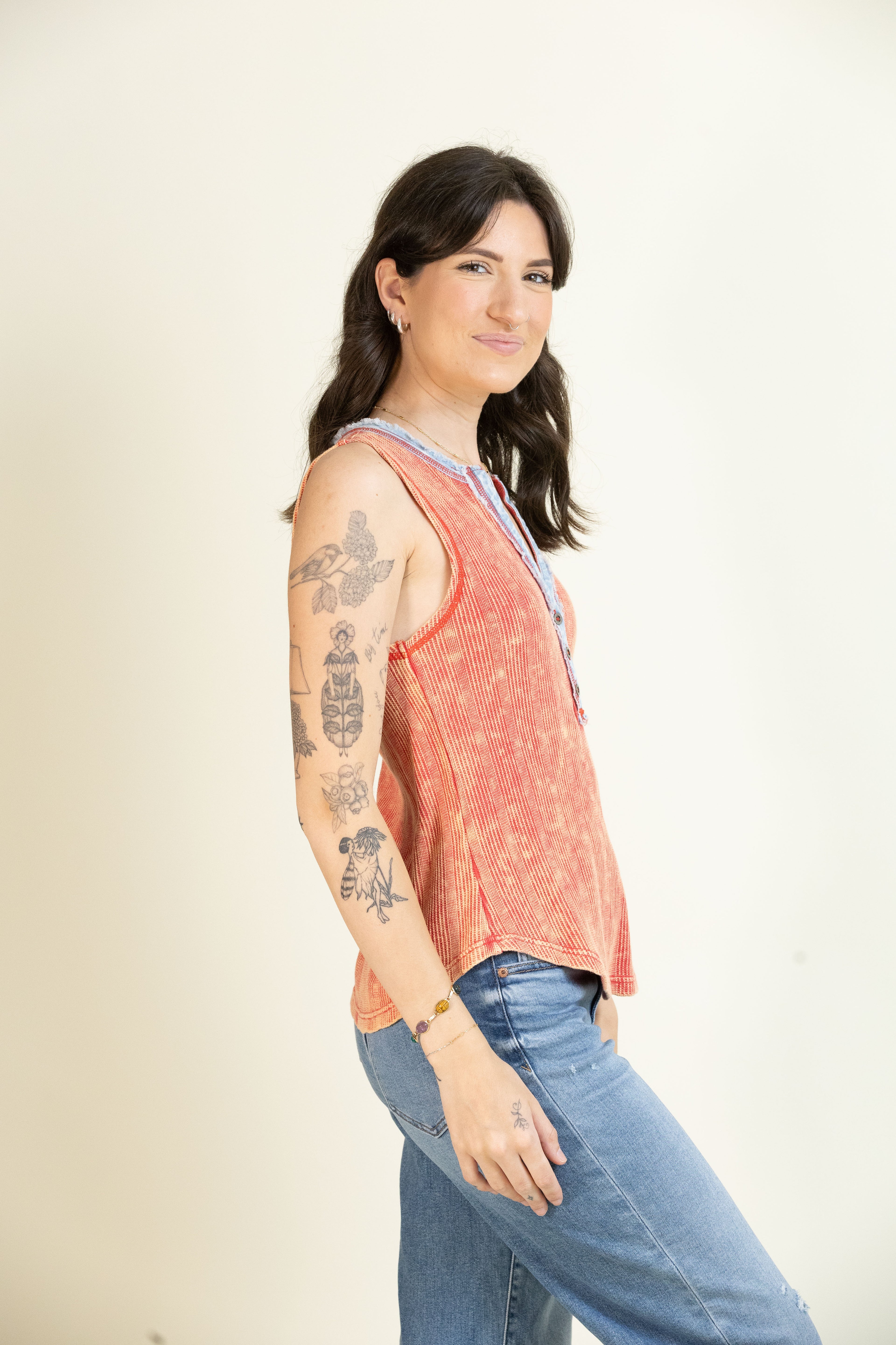 Washed Away Henley Top-Tank Tops-Vixen Collection, Day Spa and Women's Boutique Located in Seattle, Washington