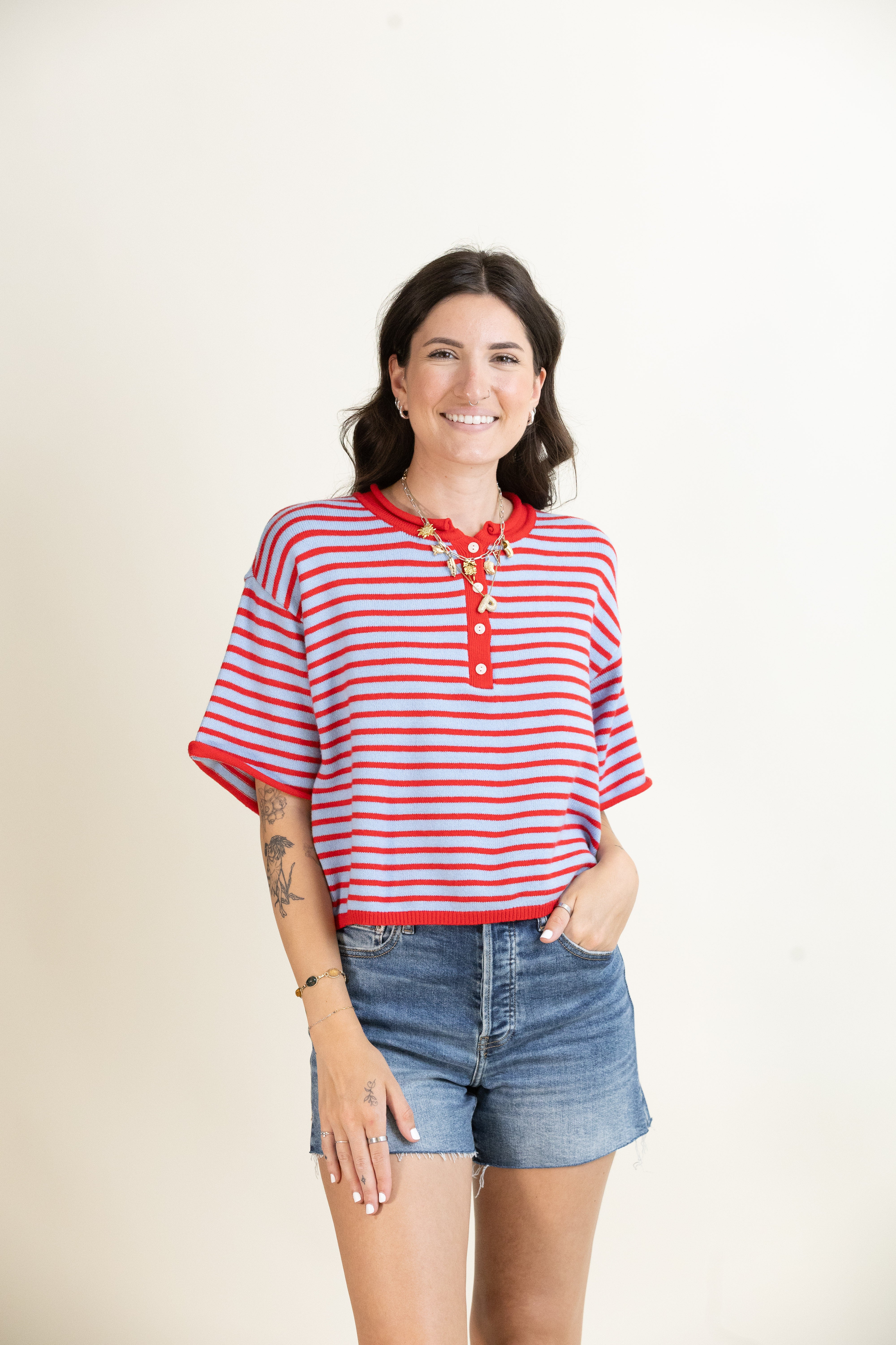 Porch Swing Stripe Henley-Sweaters-Vixen Collection, Day Spa and Women's Boutique Located in Seattle, Washington