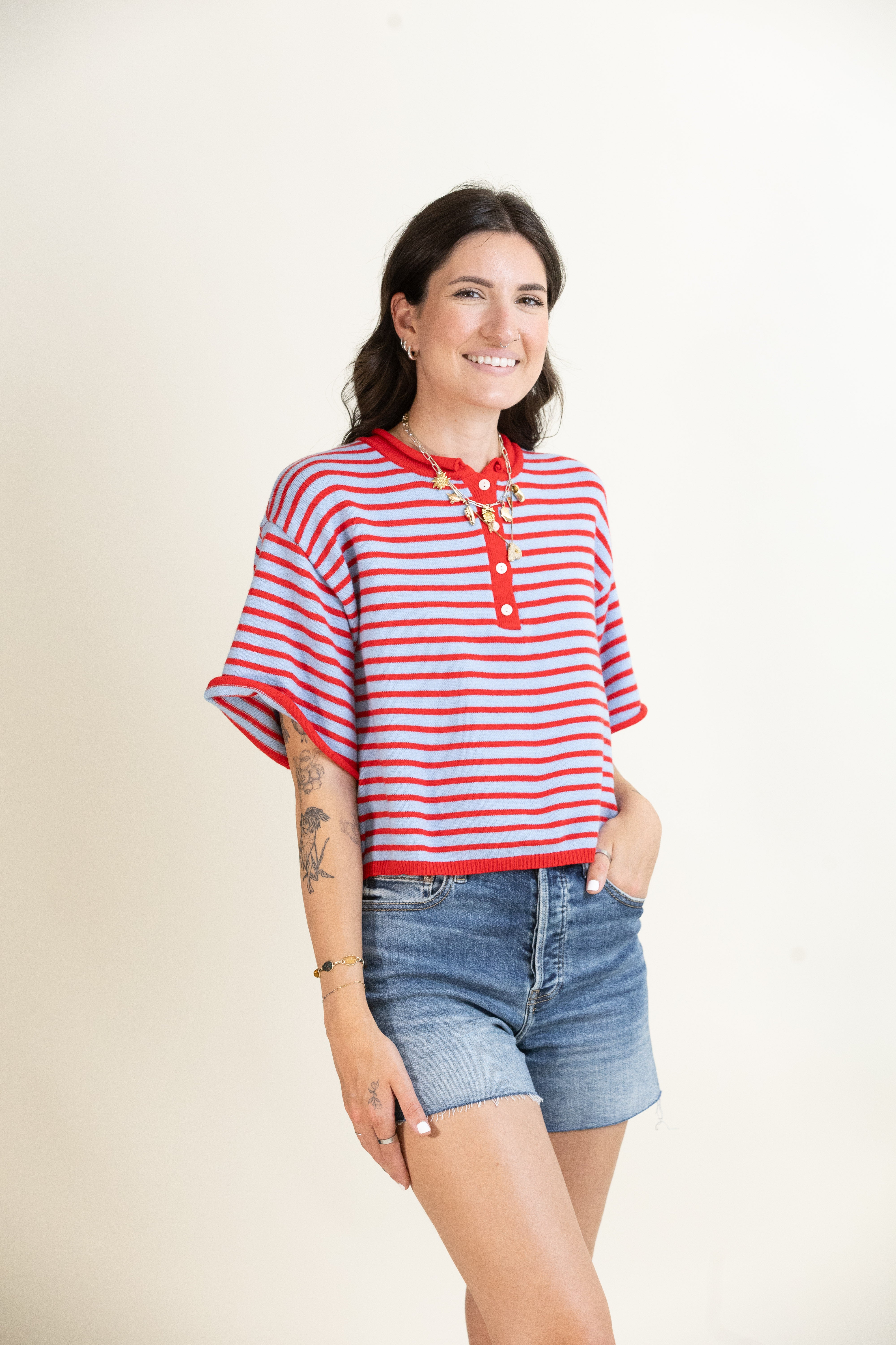 Porch Swing Stripe Henley-Sweaters-Vixen Collection, Day Spa and Women's Boutique Located in Seattle, Washington