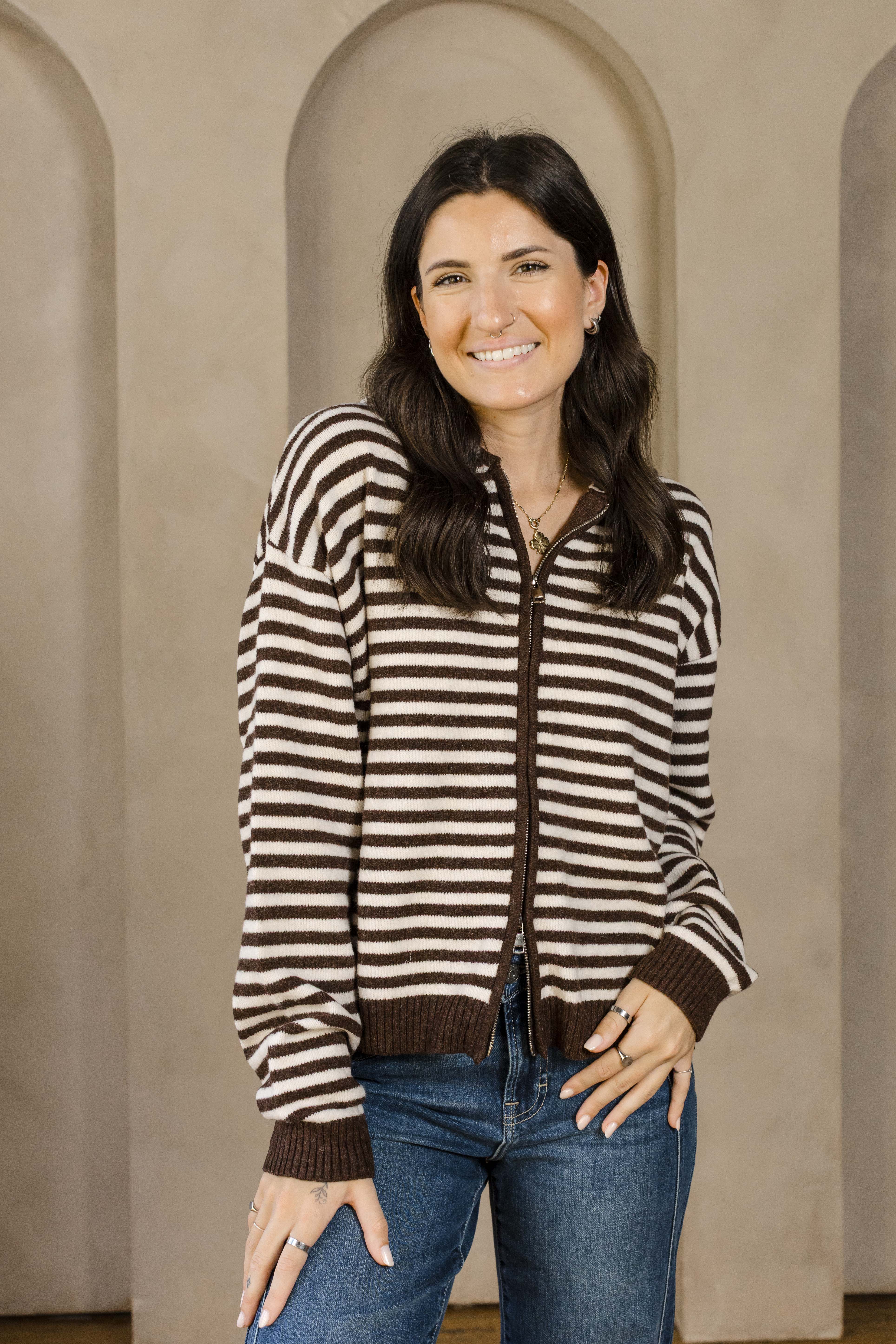 Cafe Stripe Zip Up Cardigan-Long Sleeves-Vixen Collection, Day Spa and Women's Boutique Located in Seattle, Washington