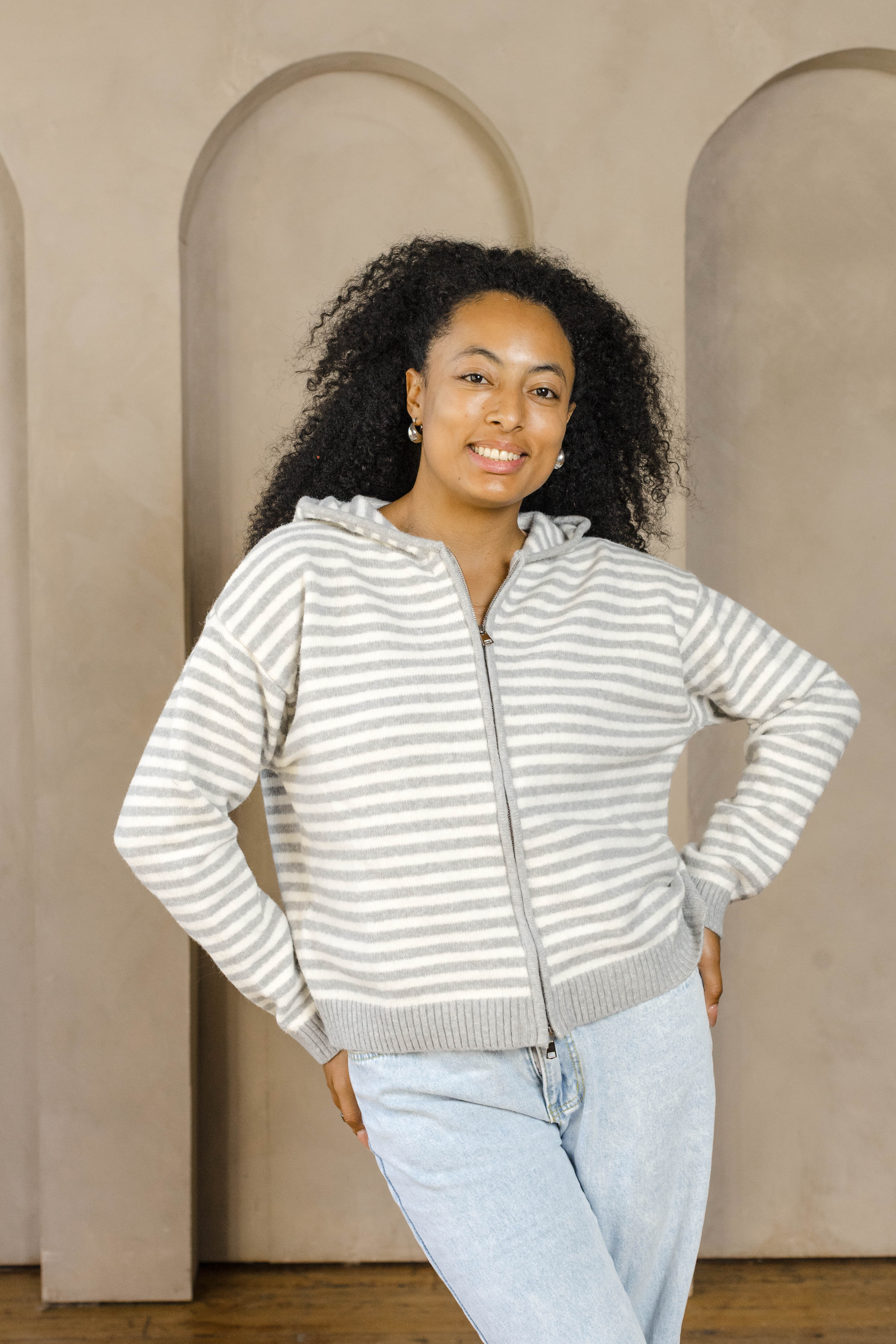 Cafe Stripe Zip Up Cardigan-Long Sleeves-Vixen Collection, Day Spa and Women's Boutique Located in Seattle, Washington