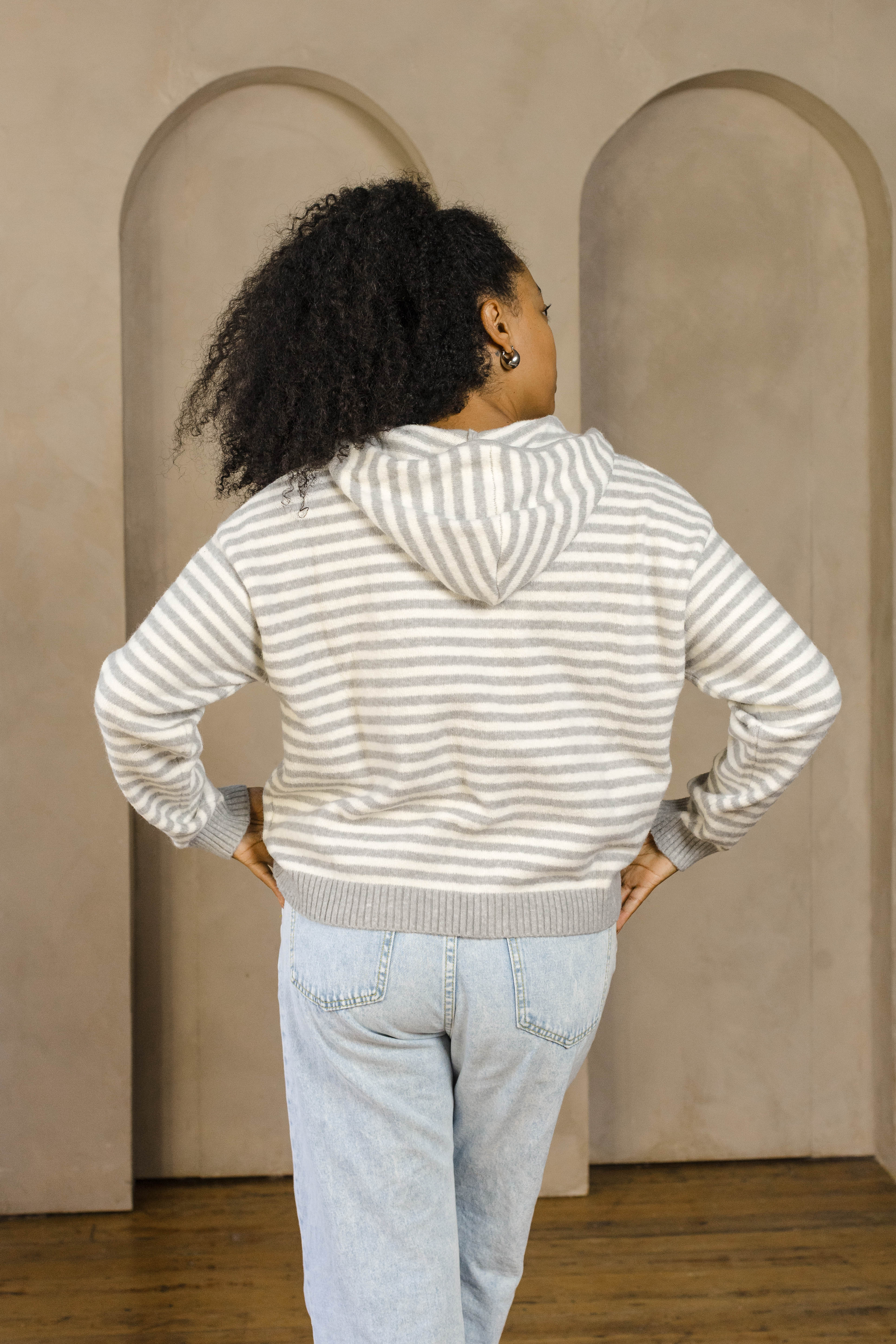 Cafe Stripe Zip Up Cardigan-Long Sleeves-Vixen Collection, Day Spa and Women's Boutique Located in Seattle, Washington