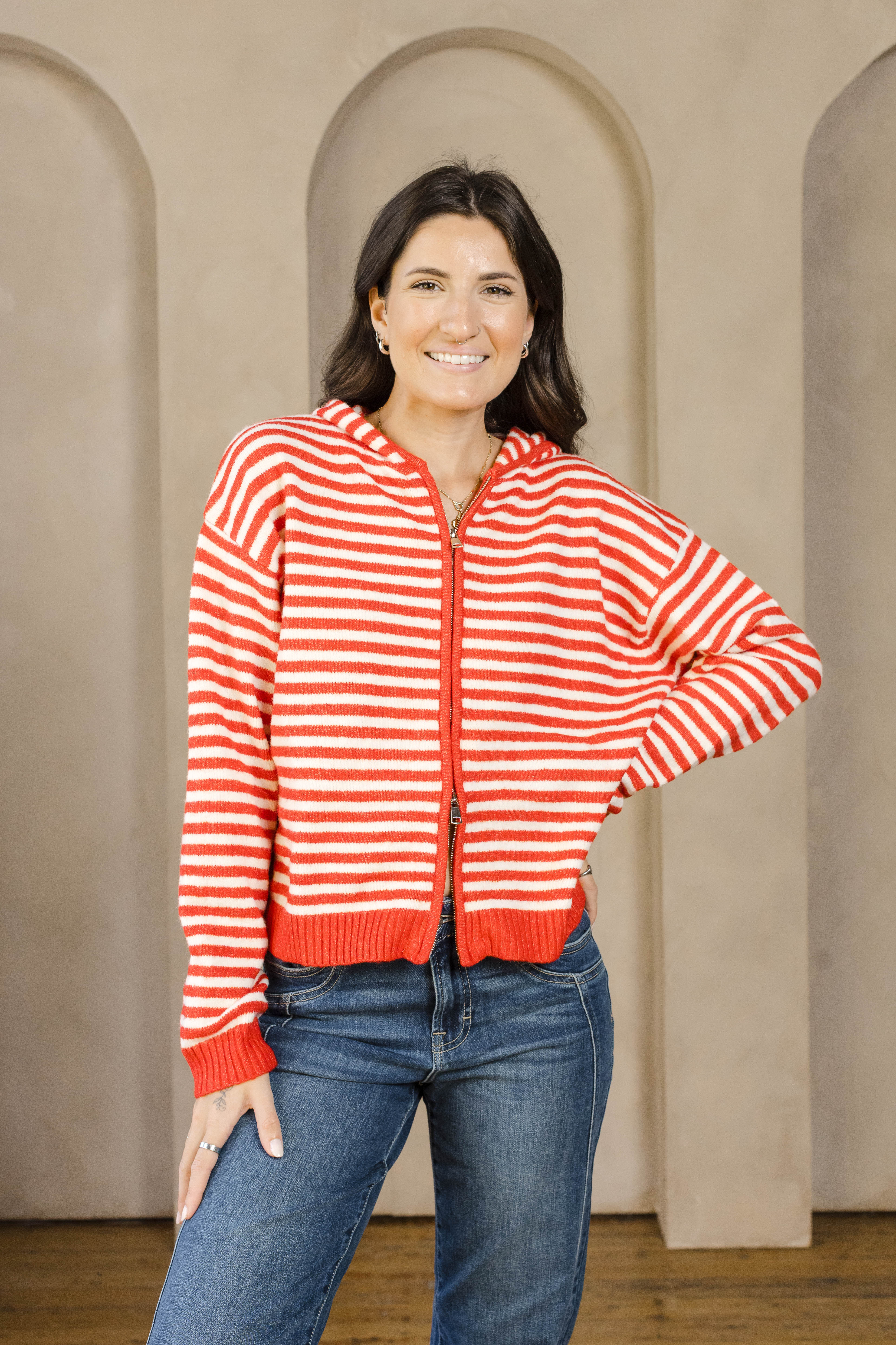 Cafe Stripe Zip Up Cardigan-Long Sleeves-Vixen Collection, Day Spa and Women's Boutique Located in Seattle, Washington