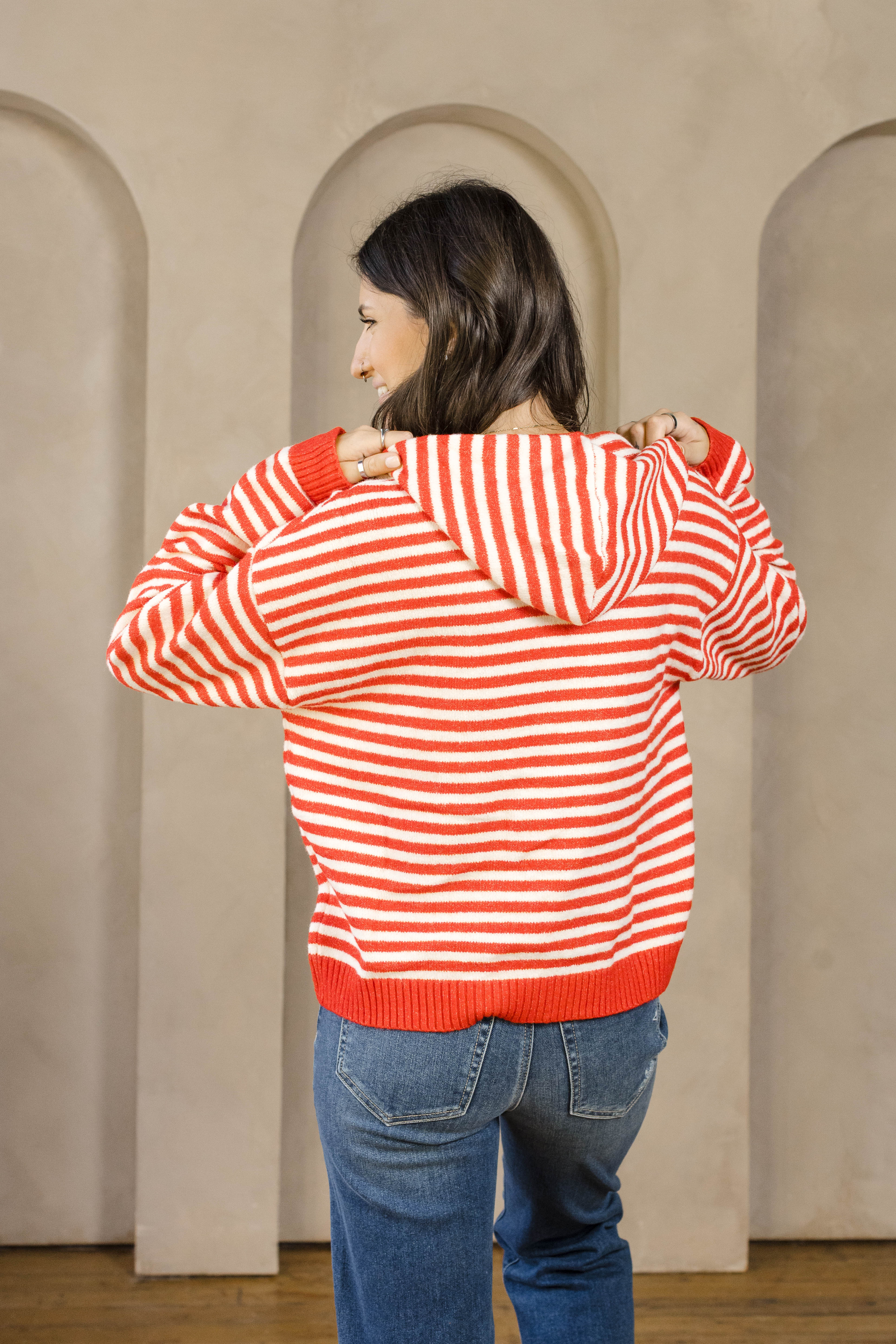 Cafe Stripe Zip Up Cardigan-Long Sleeves-Vixen Collection, Day Spa and Women's Boutique Located in Seattle, Washington