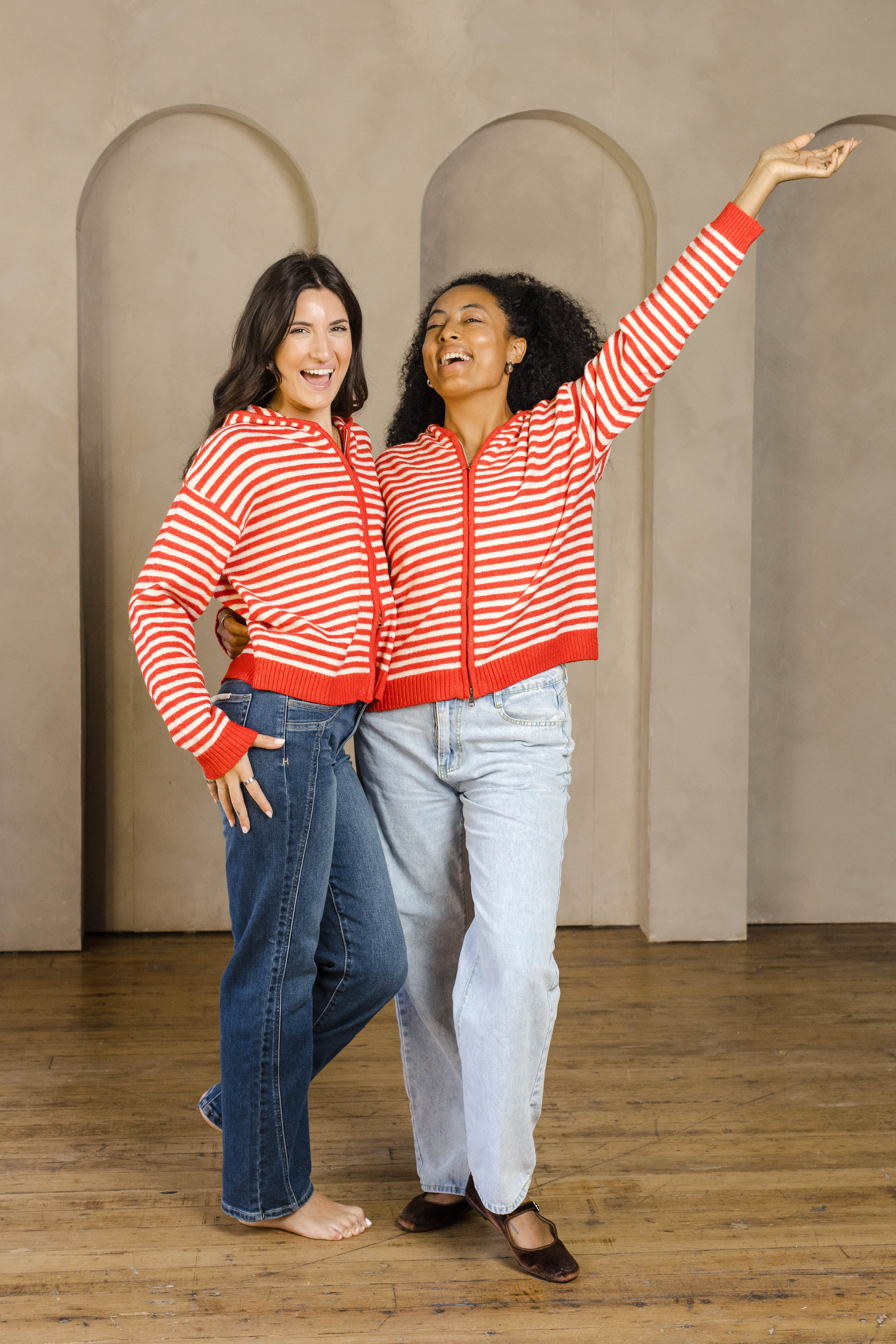 Cafe Stripe Zip Up Cardigan-Long Sleeves-Vixen Collection, Day Spa and Women's Boutique Located in Seattle, Washington