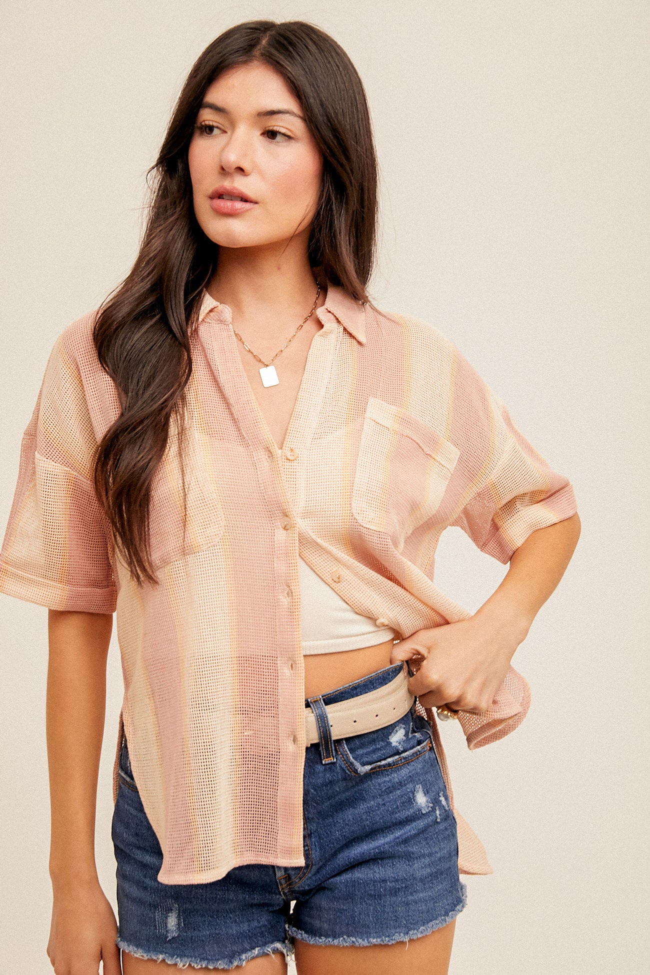 Oasis Oversized Button Down Shirt-Short Sleeves-Vixen Collection, Day Spa and Women's Boutique Located in Seattle, Washington