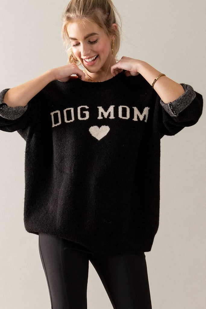 Dog Mom Crew Neck, Black-Sweaters-Vixen Collection, Day Spa and Women's Boutique Located in Seattle, Washington