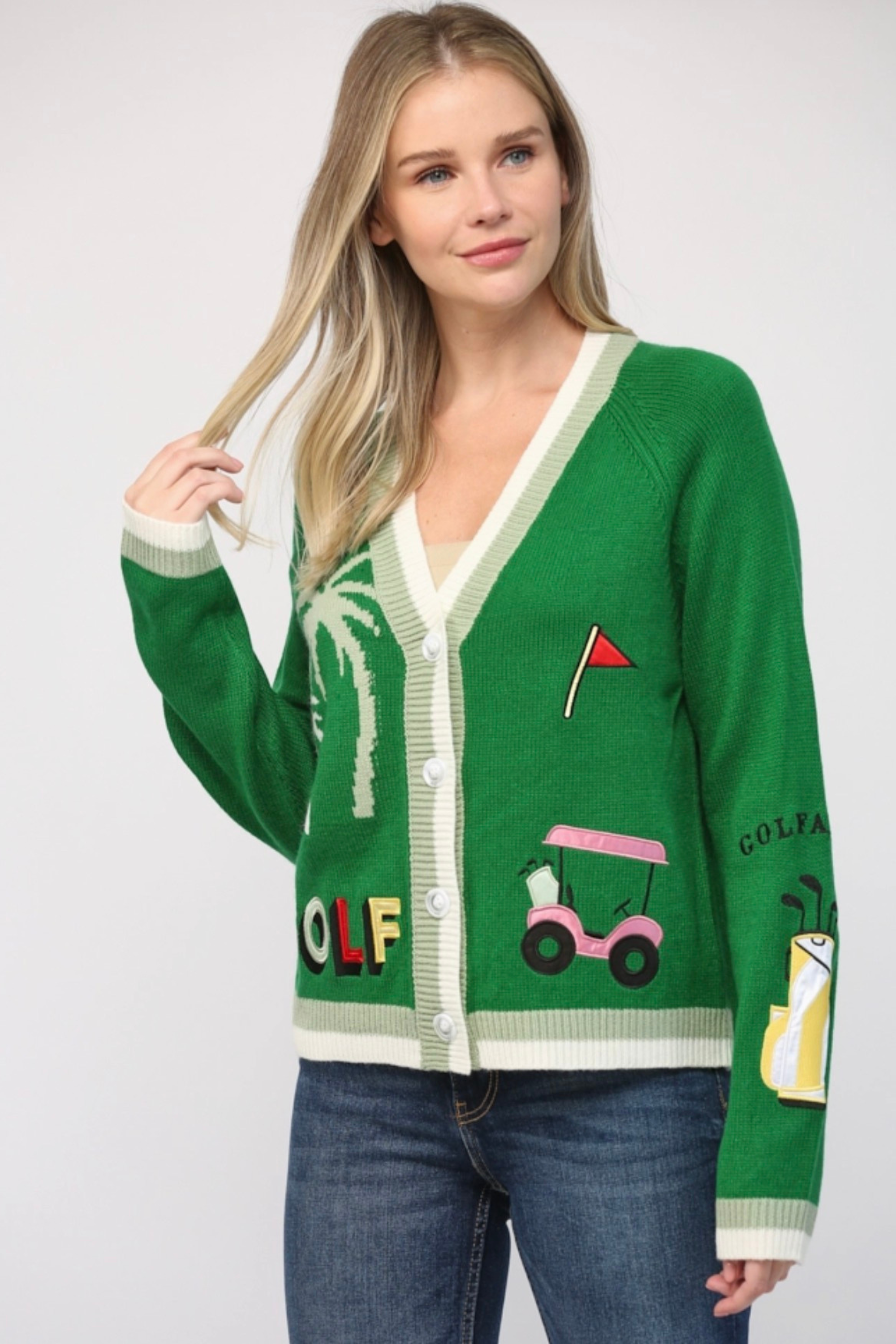 Golf Embroidered Patch Cardigan-Sweaters-Vixen Collection, Day Spa and Women's Boutique Located in Seattle, Washington