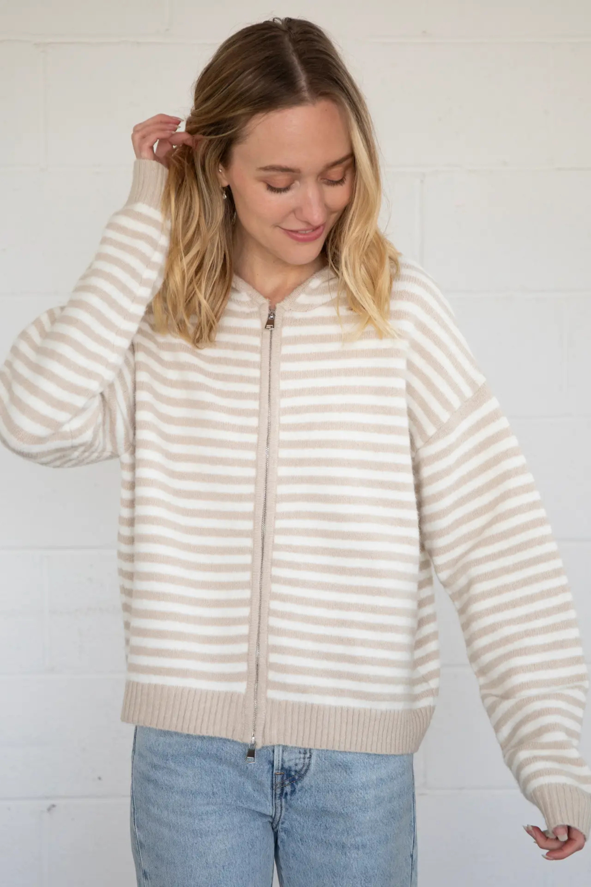 Cafe Stripe Zip Up Cardigan-Long Sleeves-Vixen Collection, Day Spa and Women's Boutique Located in Seattle, Washington