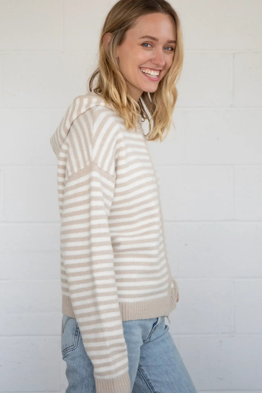 Cafe Stripe Zip Up Cardigan-Long Sleeves-Vixen Collection, Day Spa and Women's Boutique Located in Seattle, Washington