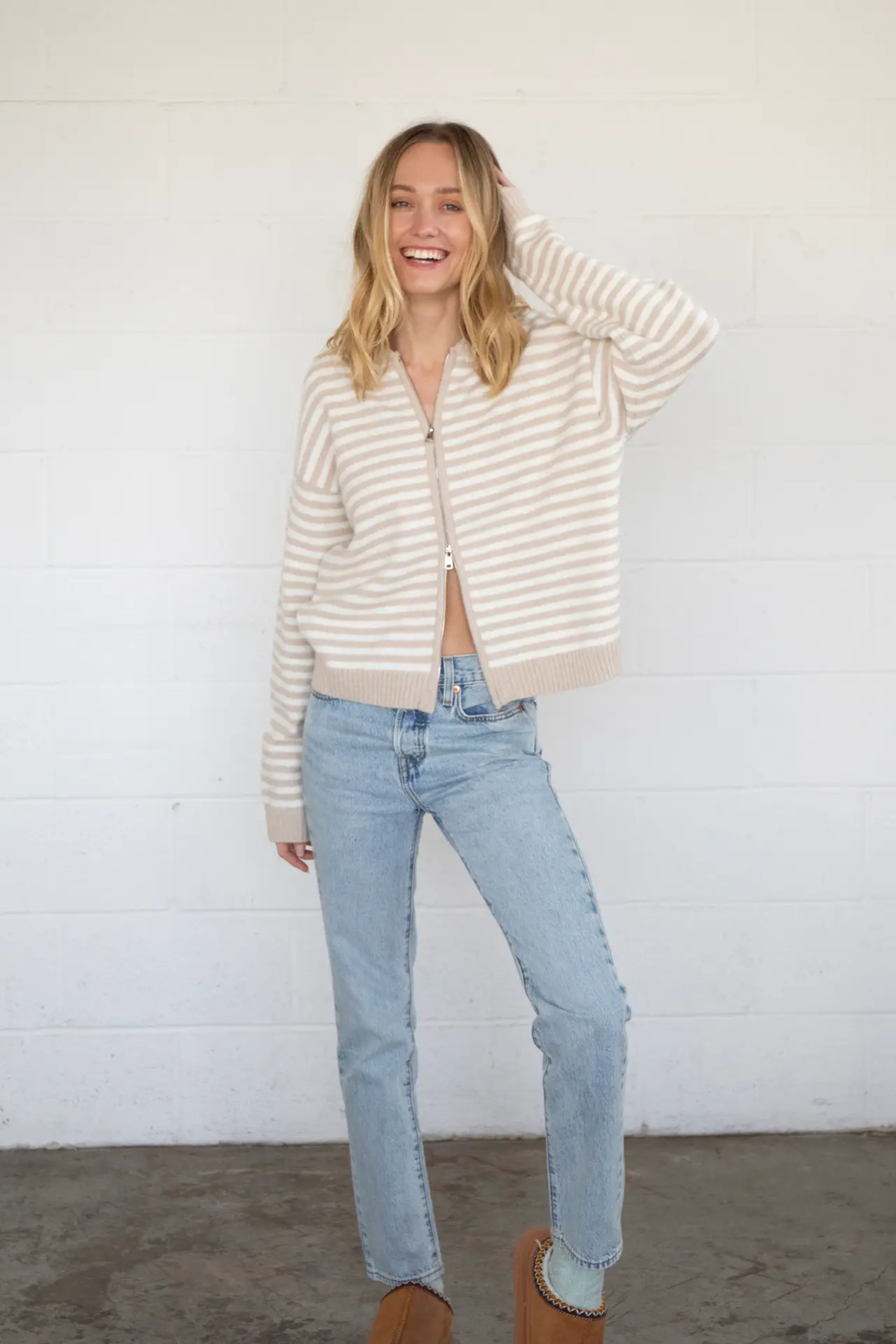 Cafe Stripe Zip Up Cardigan-Long Sleeves-Vixen Collection, Day Spa and Women's Boutique Located in Seattle, Washington