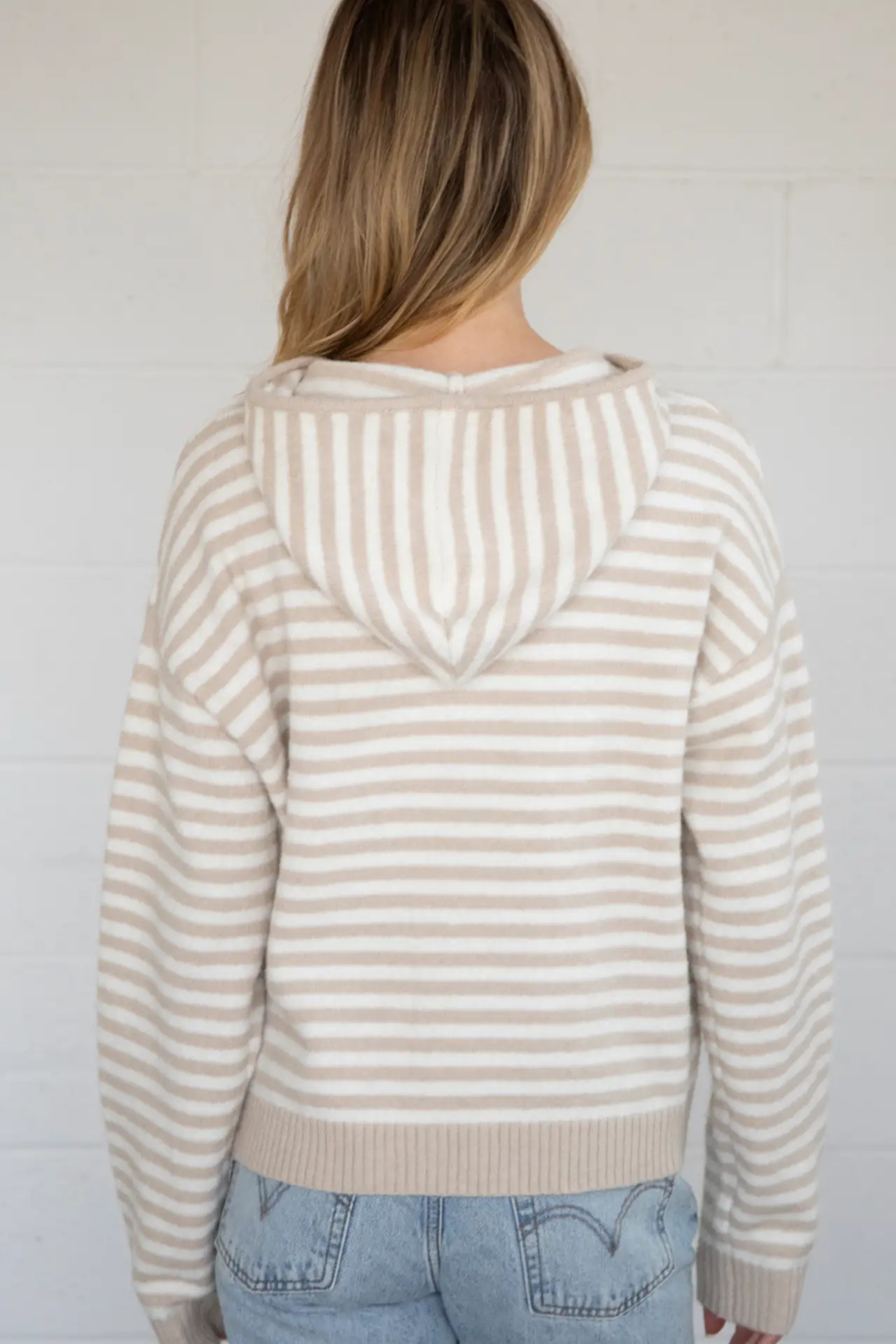Cafe Stripe Zip Up Cardigan-Long Sleeves-Vixen Collection, Day Spa and Women's Boutique Located in Seattle, Washington