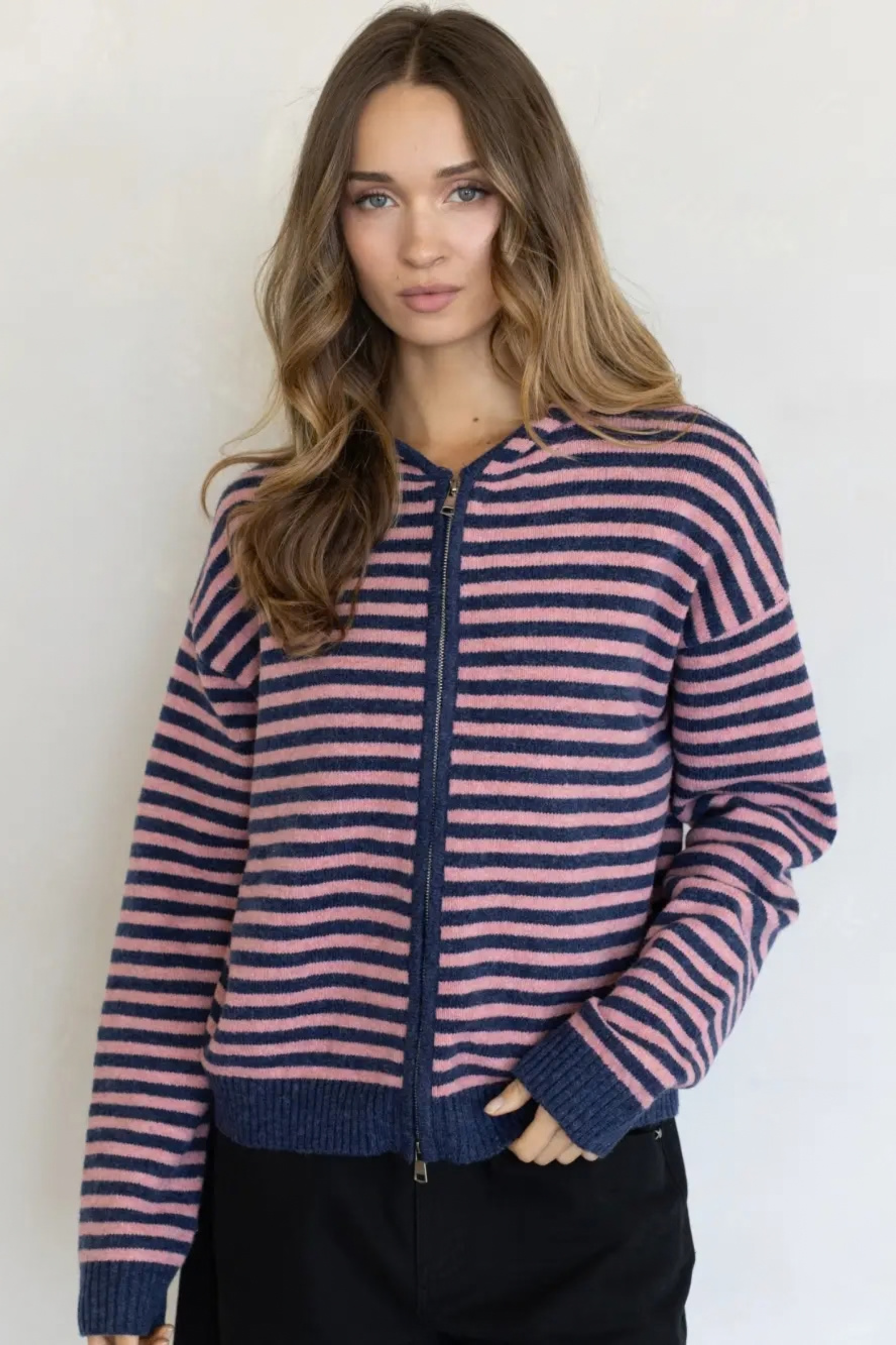 Cafe Stripe Zip Up Cardigan-Long Sleeves-Vixen Collection, Day Spa and Women's Boutique Located in Seattle, Washington