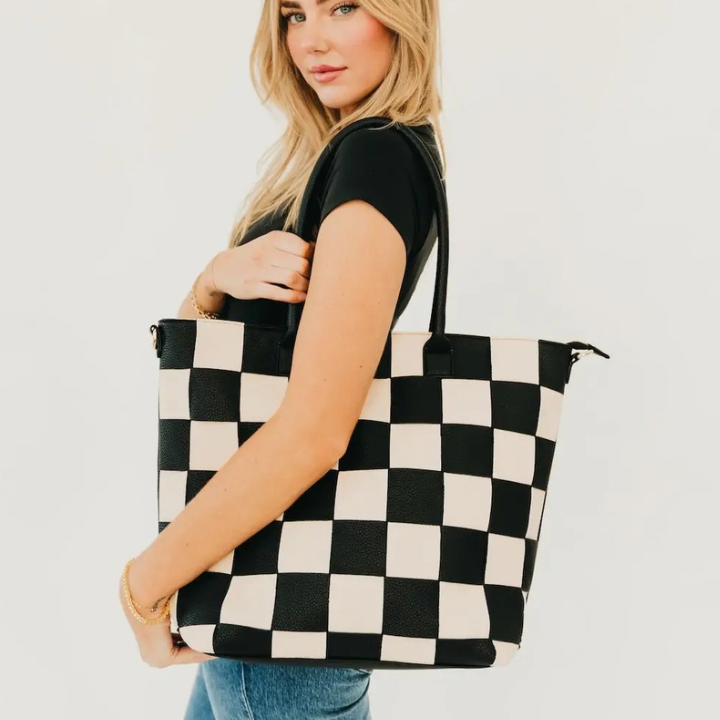 Courtney Checkered Tote Bag-Bags + Wallets-Vixen Collection, Day Spa and Women's Boutique Located in Seattle, Washington