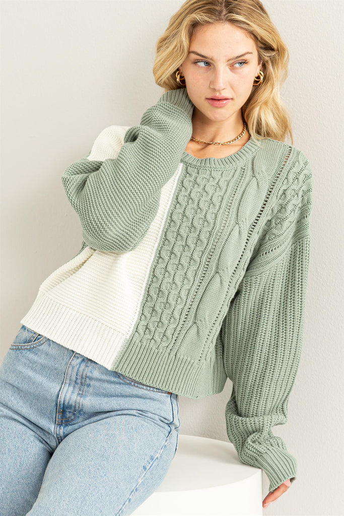 Geneva ColorBlock Sweater, Green/Cream-Sweaters-Vixen Collection, Day Spa and Women's Boutique Located in Seattle, Washington