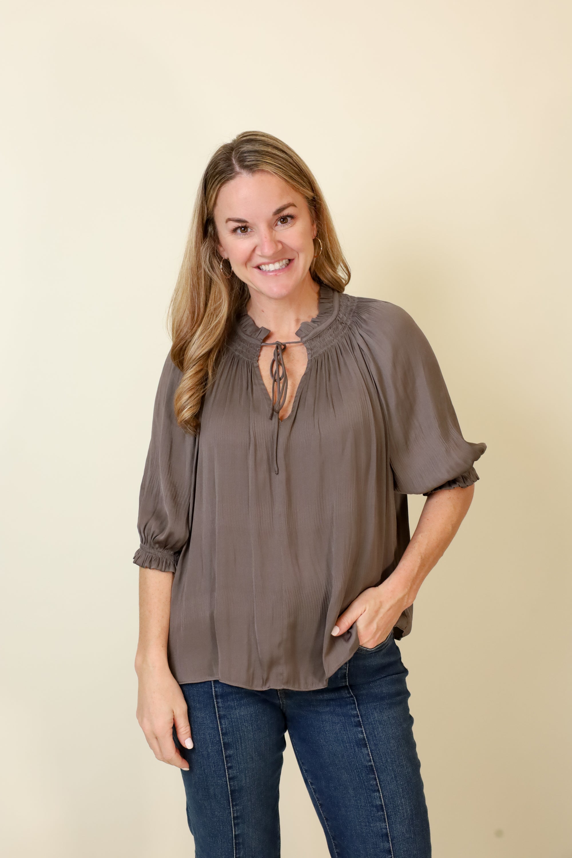 Willow Drawstring Blouse-Short Sleeves-Vixen Collection, Day Spa and Women's Boutique Located in Seattle, Washington