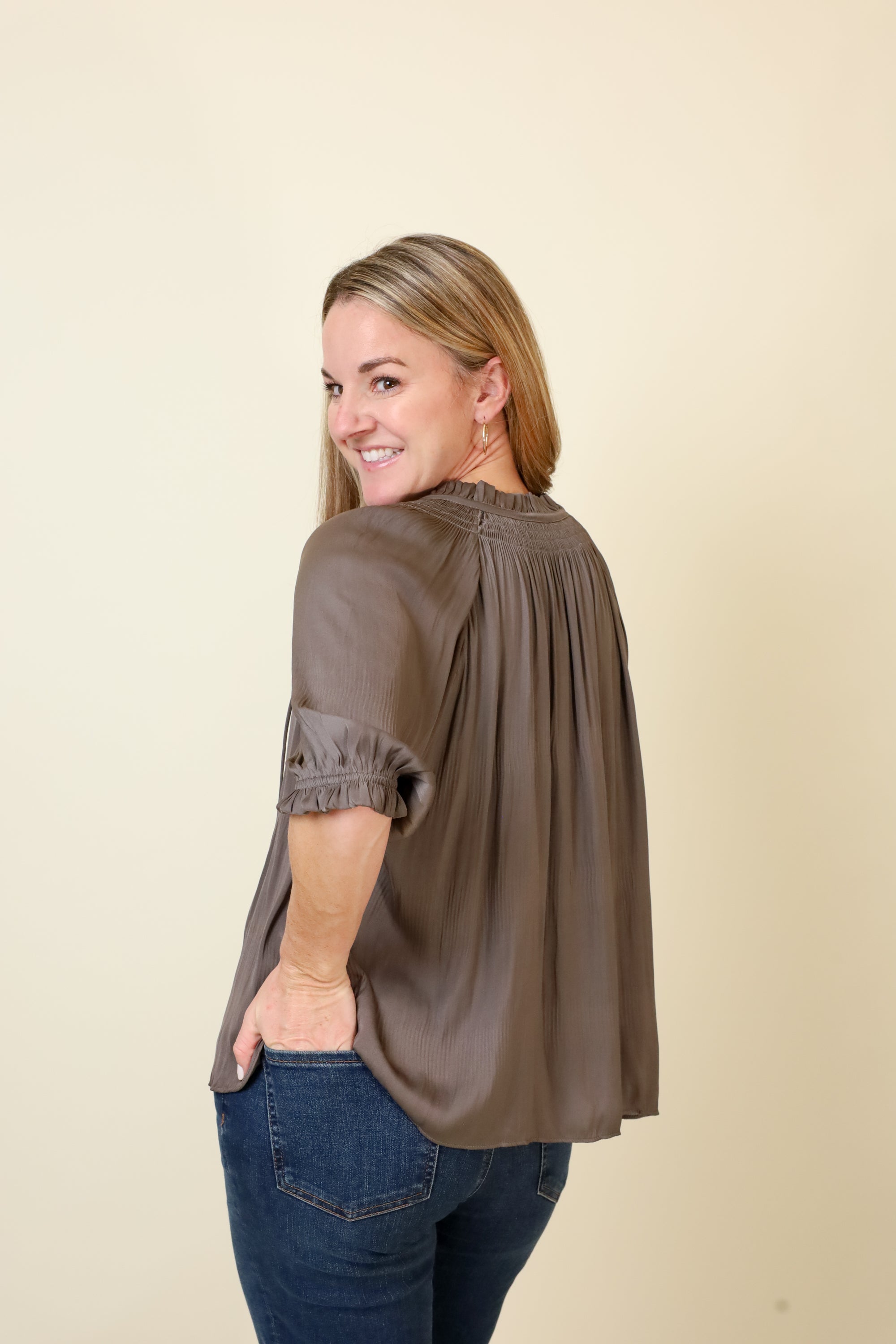 Willow Drawstring Blouse-Short Sleeves-Vixen Collection, Day Spa and Women's Boutique Located in Seattle, Washington