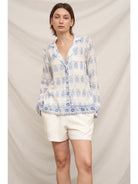 Grecian Toile Button Down Shirt-Tops-Vixen Collection, Day Spa and Women's Boutique Located in Seattle, Washington