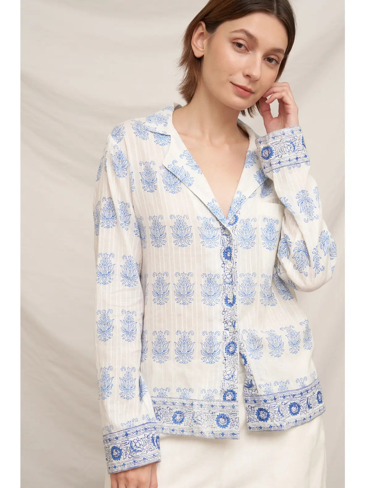 Grecian Toile Button Down Shirt-Tops-Vixen Collection, Day Spa and Women's Boutique Located in Seattle, Washington