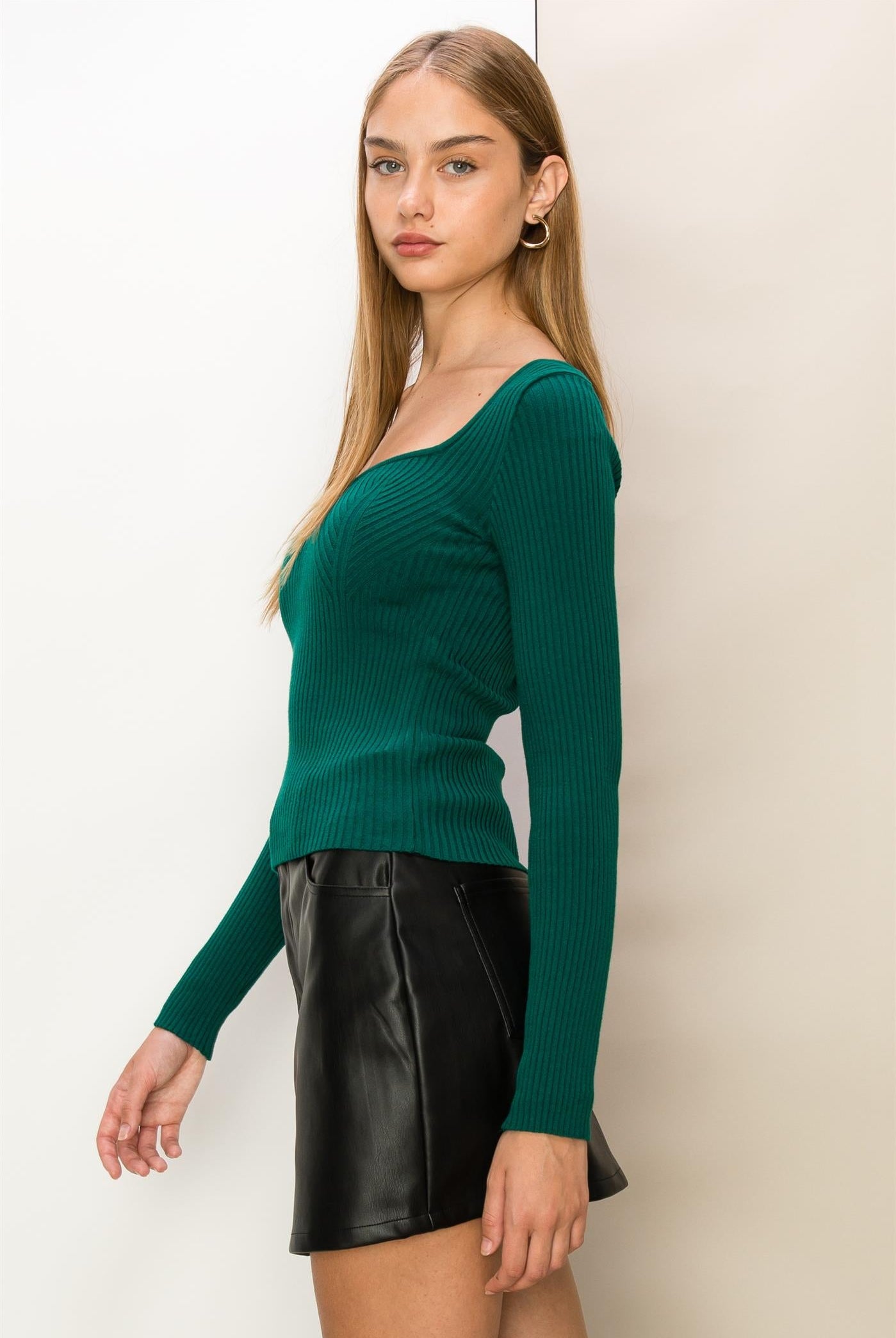 So Romantic Sweetheart Neckline Ribbed Top, Pine-Long Sleeves-Vixen Collection, Day Spa and Women's Boutique Located in Seattle, Washington