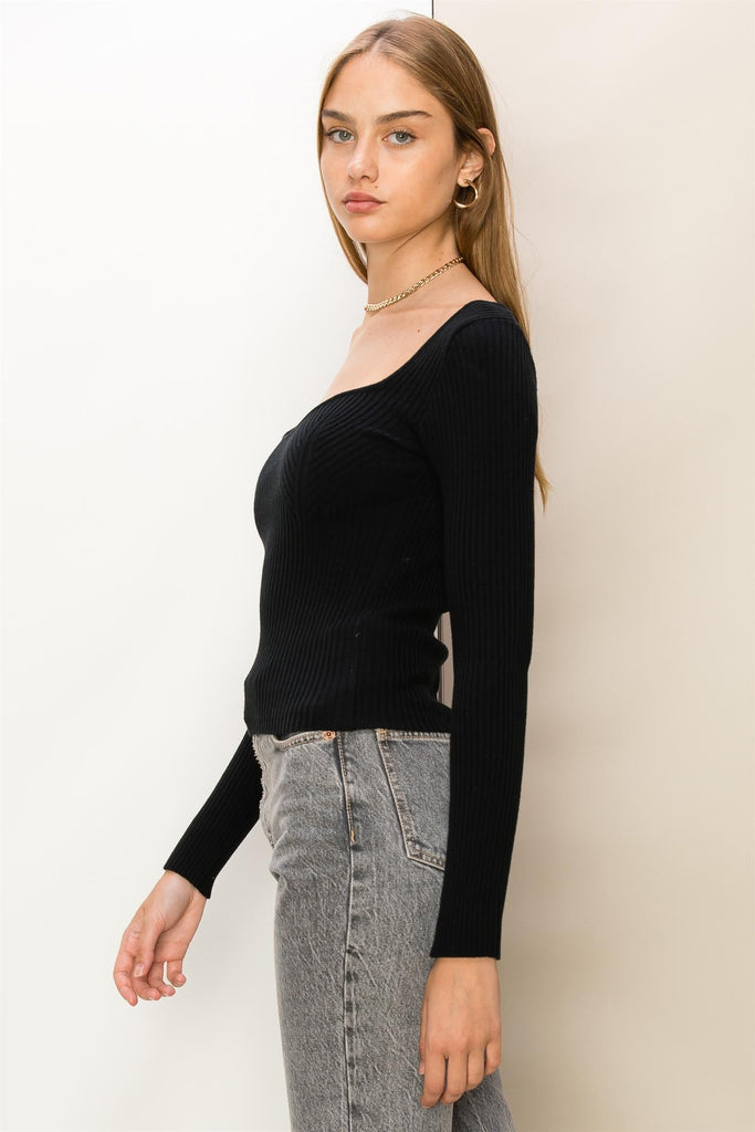 So Romantic Sweetheart Neckline Ribbed Top, Black-Long Sleeves-Vixen Collection, Day Spa and Women's Boutique Located in Seattle, Washington