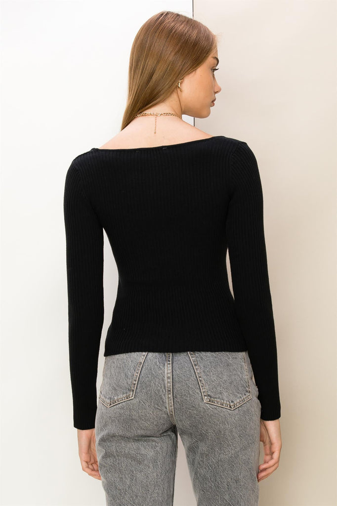 So Romantic Sweetheart Neckline Ribbed Top, Black-Long Sleeves-Vixen Collection, Day Spa and Women's Boutique Located in Seattle, Washington