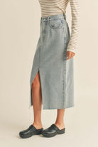 Brandy Denim Slit Skirt, Light Wash-Skirts-Vixen Collection, Day Spa and Women's Boutique Located in Seattle, Washington