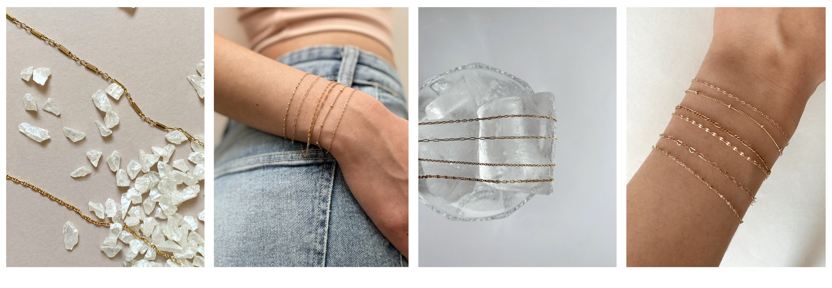 Gold chain over white loose stones. Woman's wrist wearing permanent jewelry against a denim backdrop. four golden chains on a crystal bowl backdrop. Woman's wrist wearing six permanent jewelry bracelets against a white backdrop. Vixen Collection Boutique, Seattle, WA. 