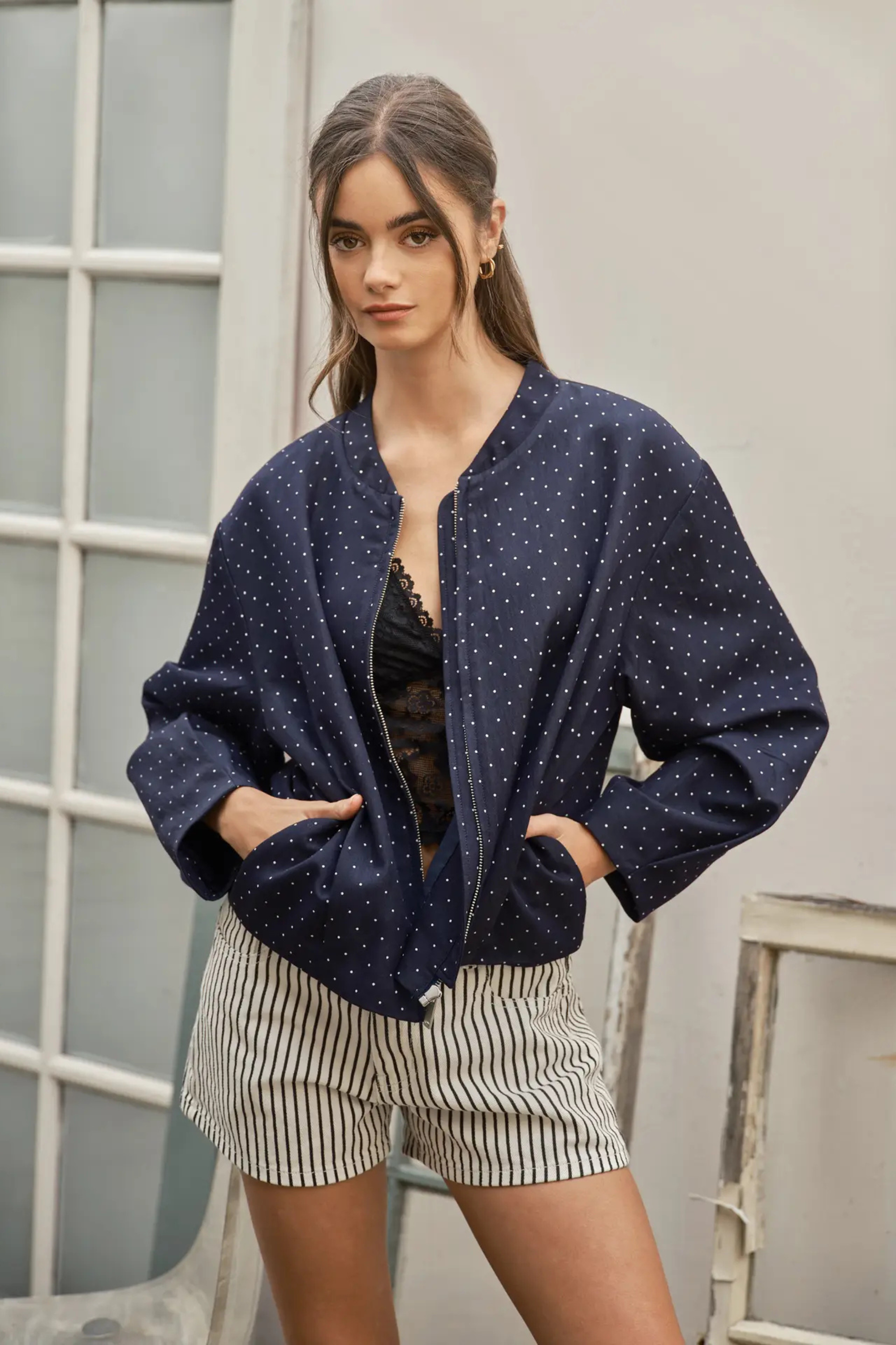 Polka My Dots Bomber Jacket-Jackets-Vixen Collection, Day Spa and Women's Boutique Located in Seattle, Washington