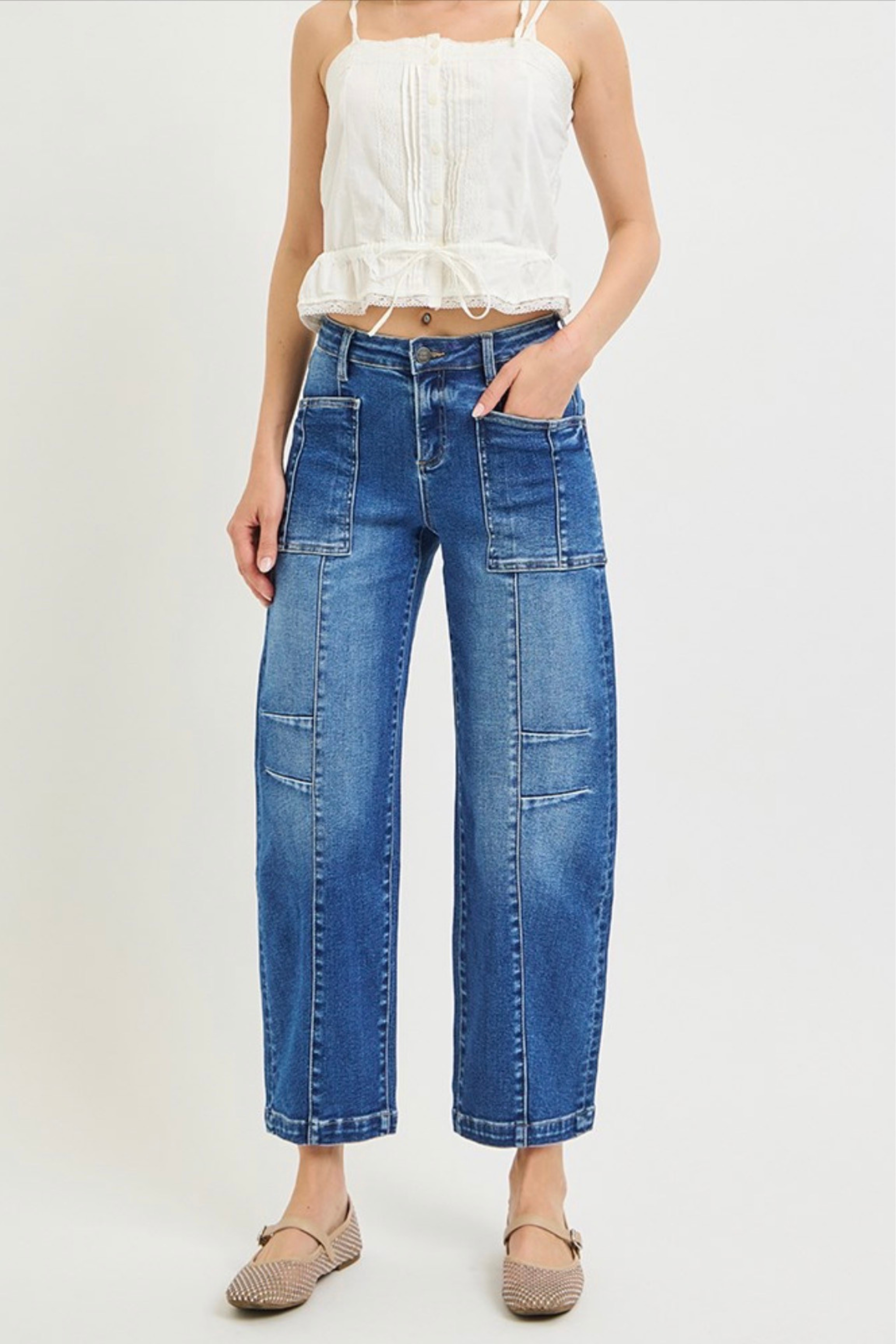 Risen Slouchy Barrel Patch Pocket Jeans-Denim-Vixen Collection, Day Spa and Women's Boutique Located in Seattle, Washington