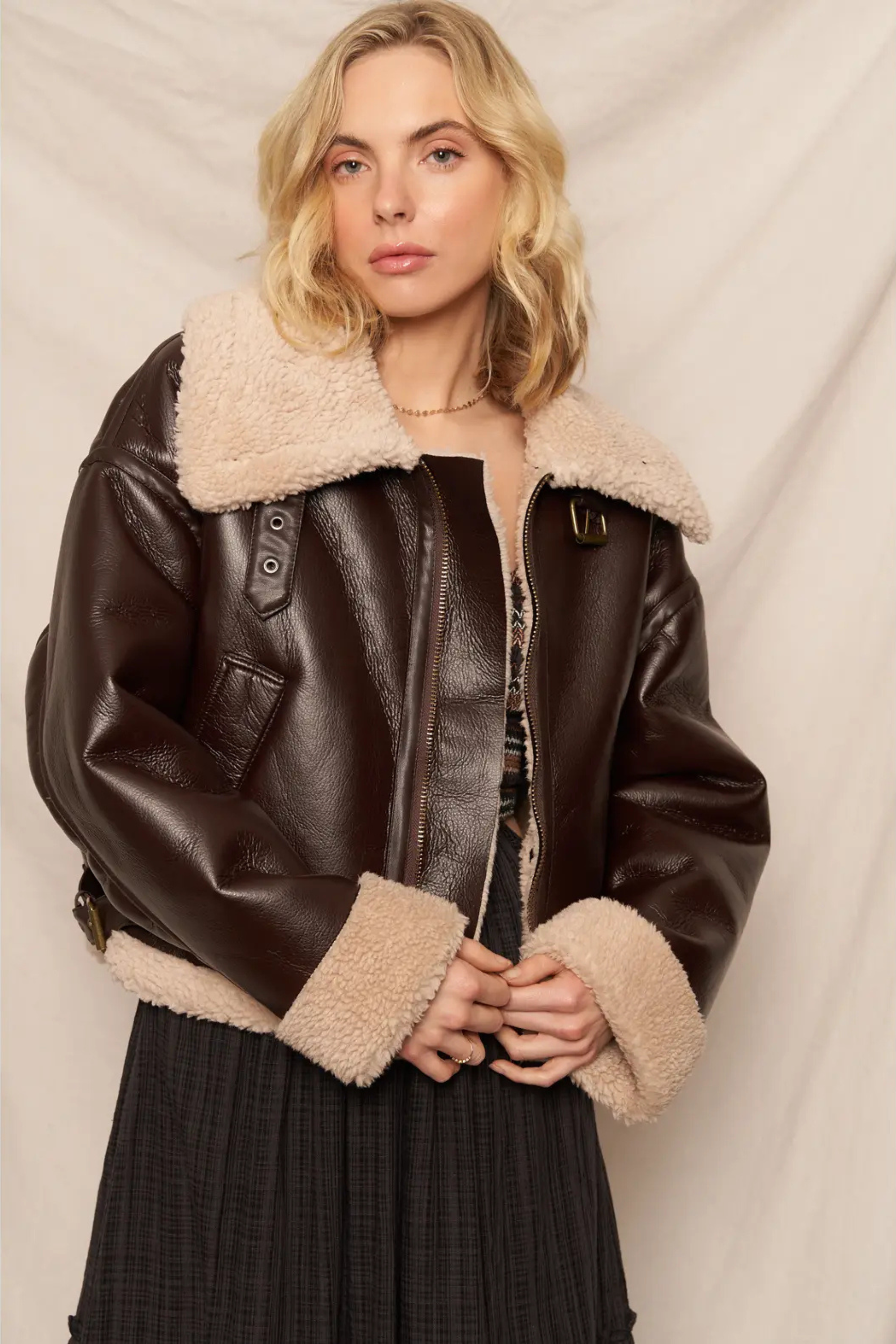 Teddy Leather Sherpa Jacket-Jackets-Vixen Collection, Day Spa and Women's Boutique Located in Seattle, Washington