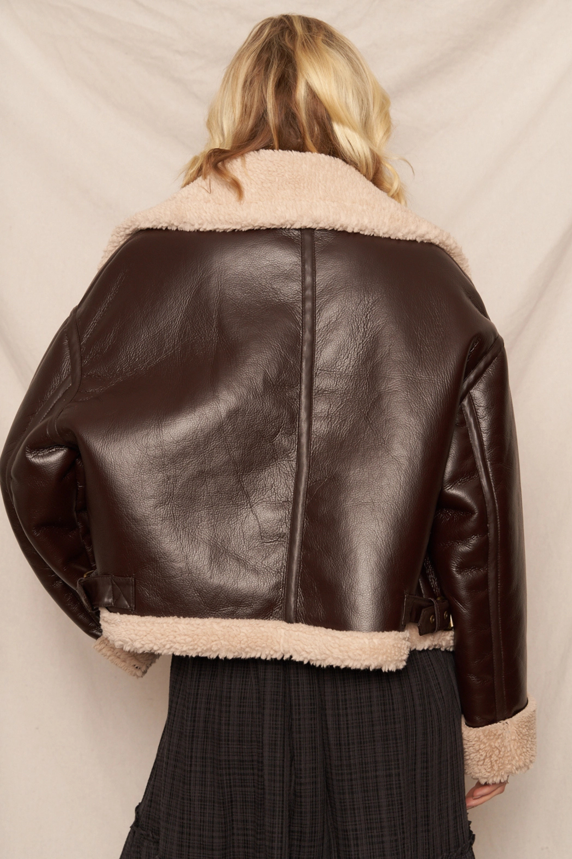 Teddy Leather Sherpa Jacket-Jackets-Vixen Collection, Day Spa and Women's Boutique Located in Seattle, Washington