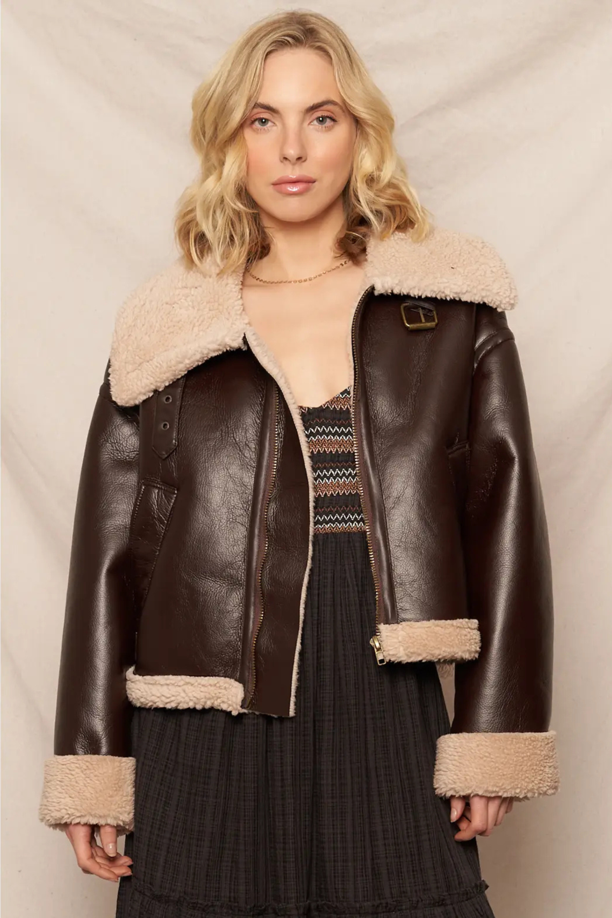 Teddy Leather Sherpa Jacket-Jackets-Vixen Collection, Day Spa and Women's Boutique Located in Seattle, Washington